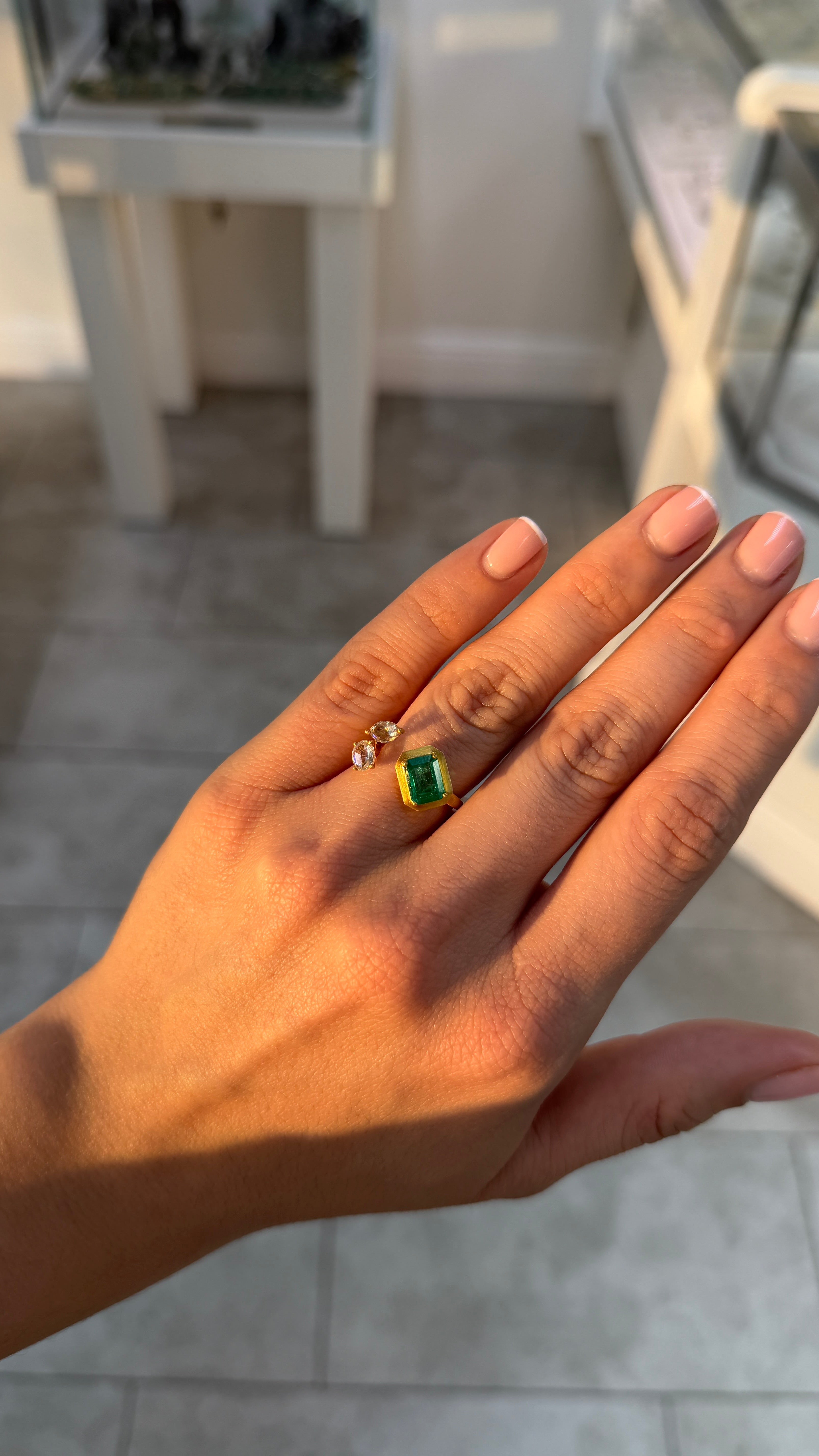 2.46tcw 18K Vivid Green Emerald Cut Emerald & Diamond Accent Three Stone Bypass Sand Blast Gold Finish Ring