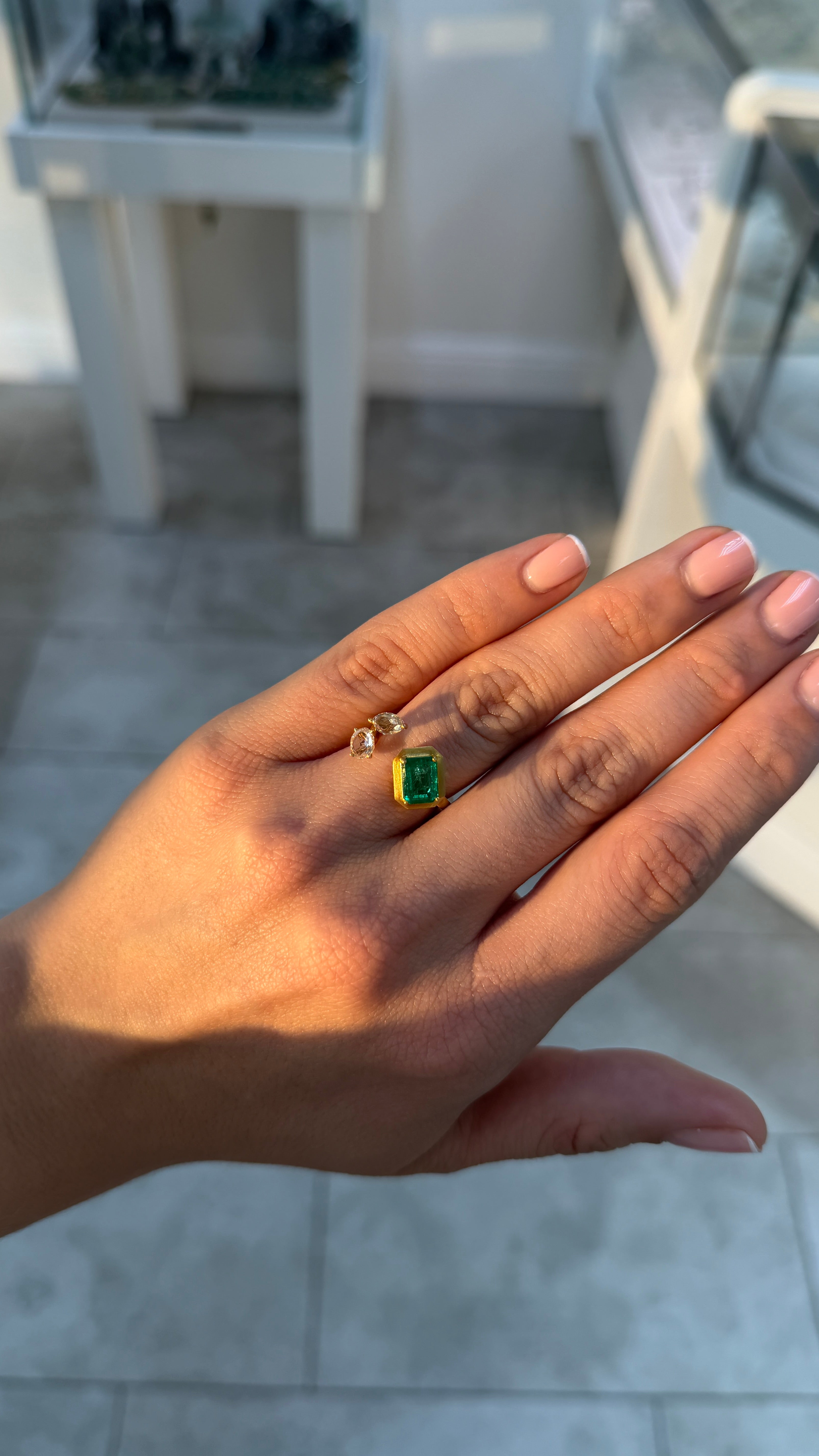 2.46tcw 18K Vivid Green Emerald Cut Emerald & Diamond Accent Three Stone Bypass Sand Blast Gold Finish Ring