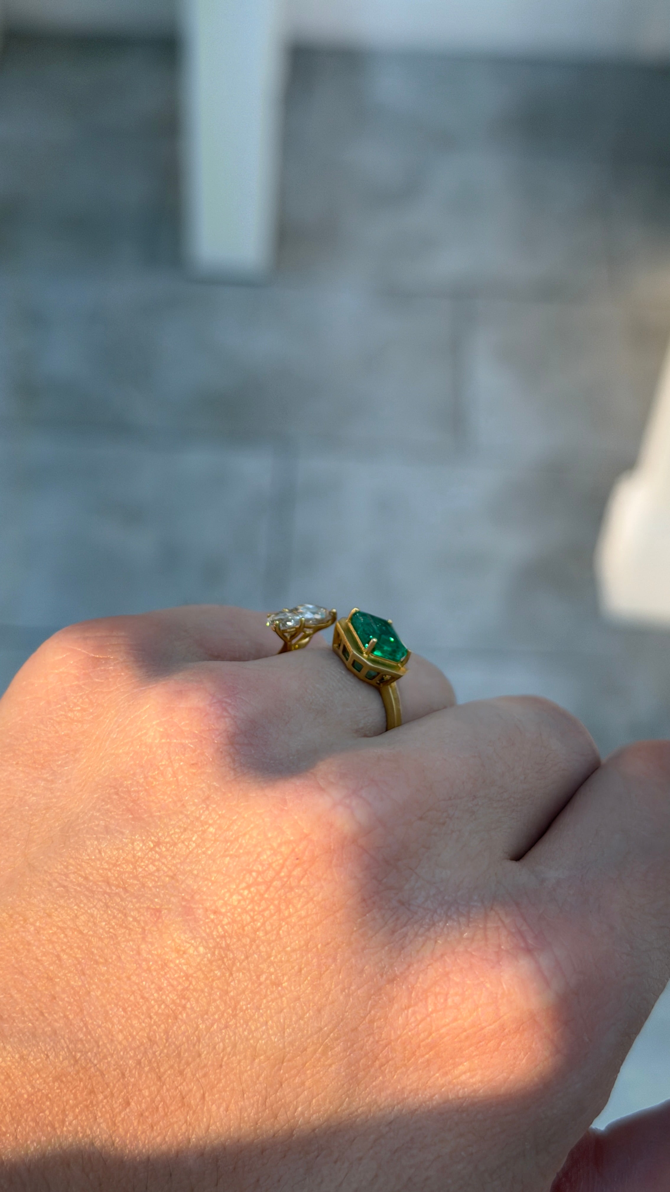 2.46tcw 18K Vivid Green Emerald Cut Emerald & Diamond Accent Three Stone Bypass Sand Blast Gold Finish Ring