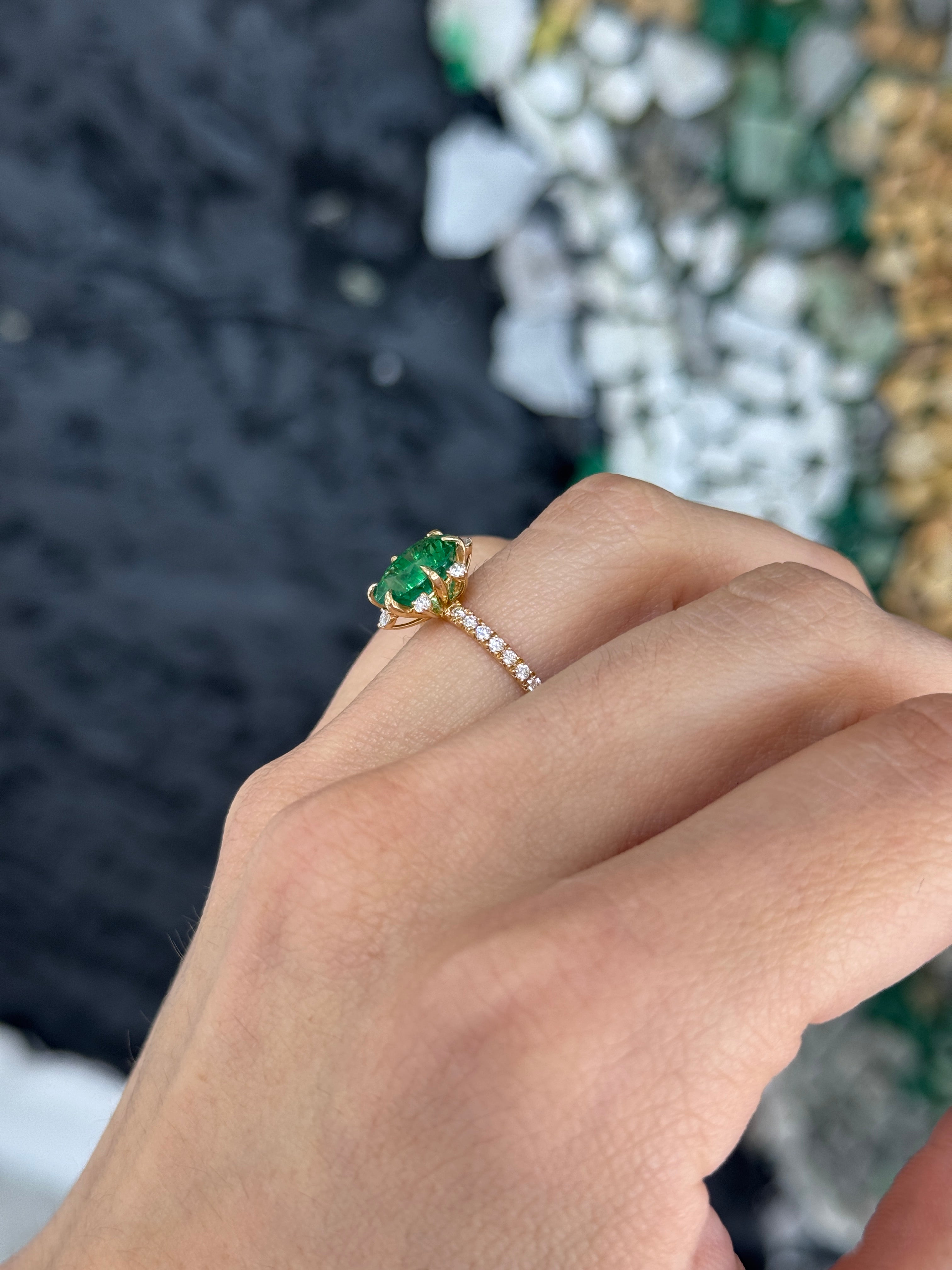 3.43tcw 14K Vivid Green Oval Emerald & Floral Diamond Halo with Diamond Accent Shank Engagement Right