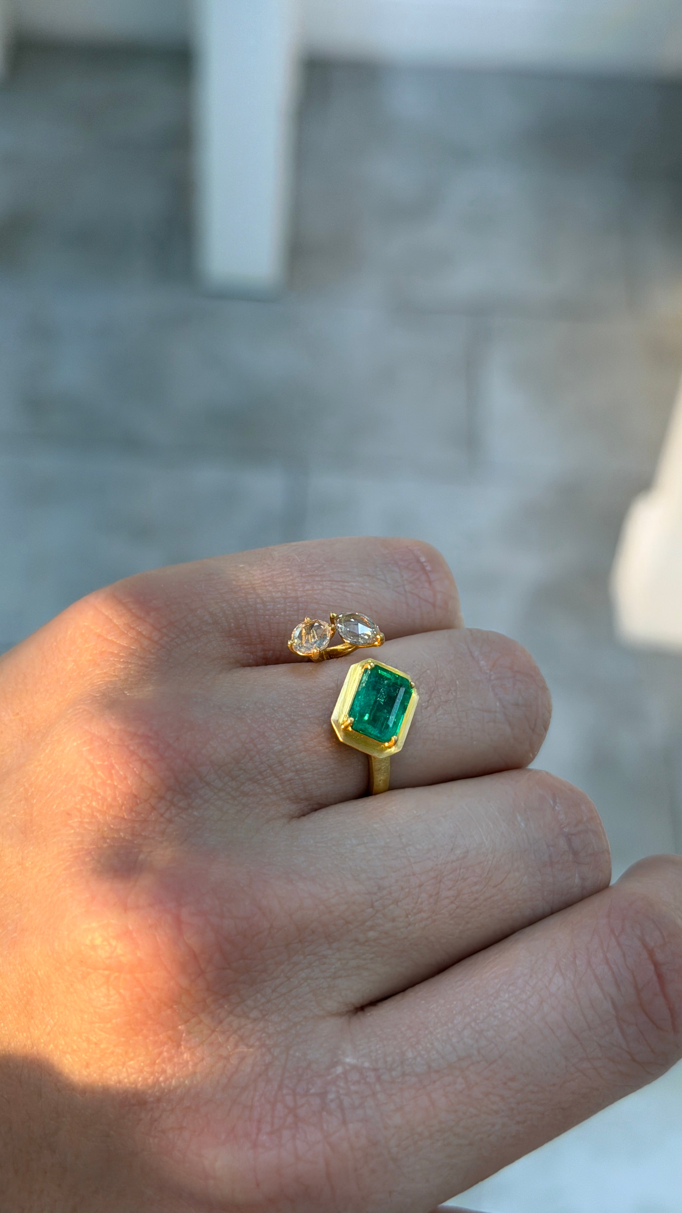 2.46tcw 18K Vivid Green Emerald Cut Emerald & Diamond Accent Three Stone Bypass Sand Blast Gold Finish Ring