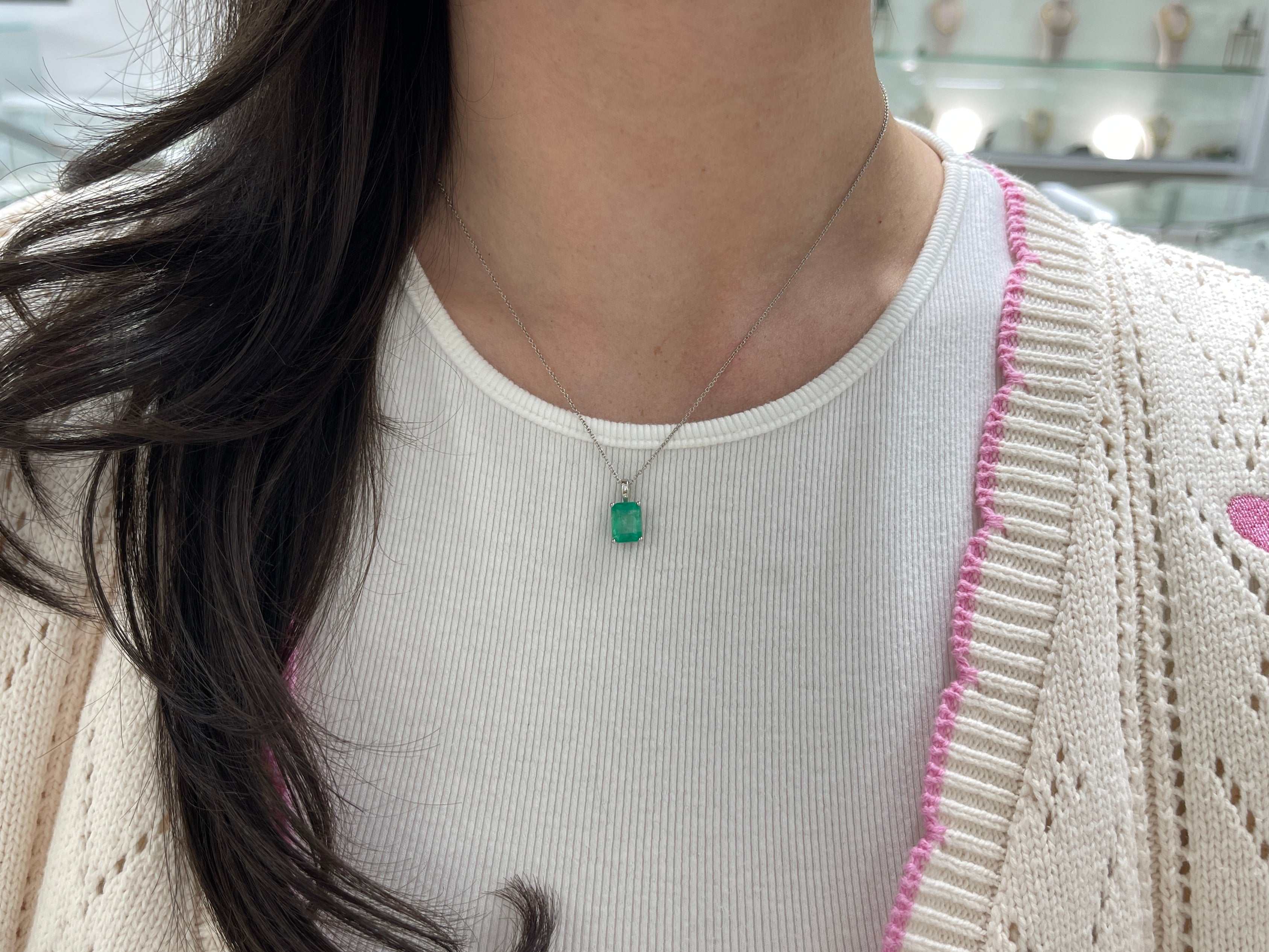 2.39 Carat 14K Gold White Gold Colombian Emerald Solitaire Neckalce - JR Colombian Emeralds