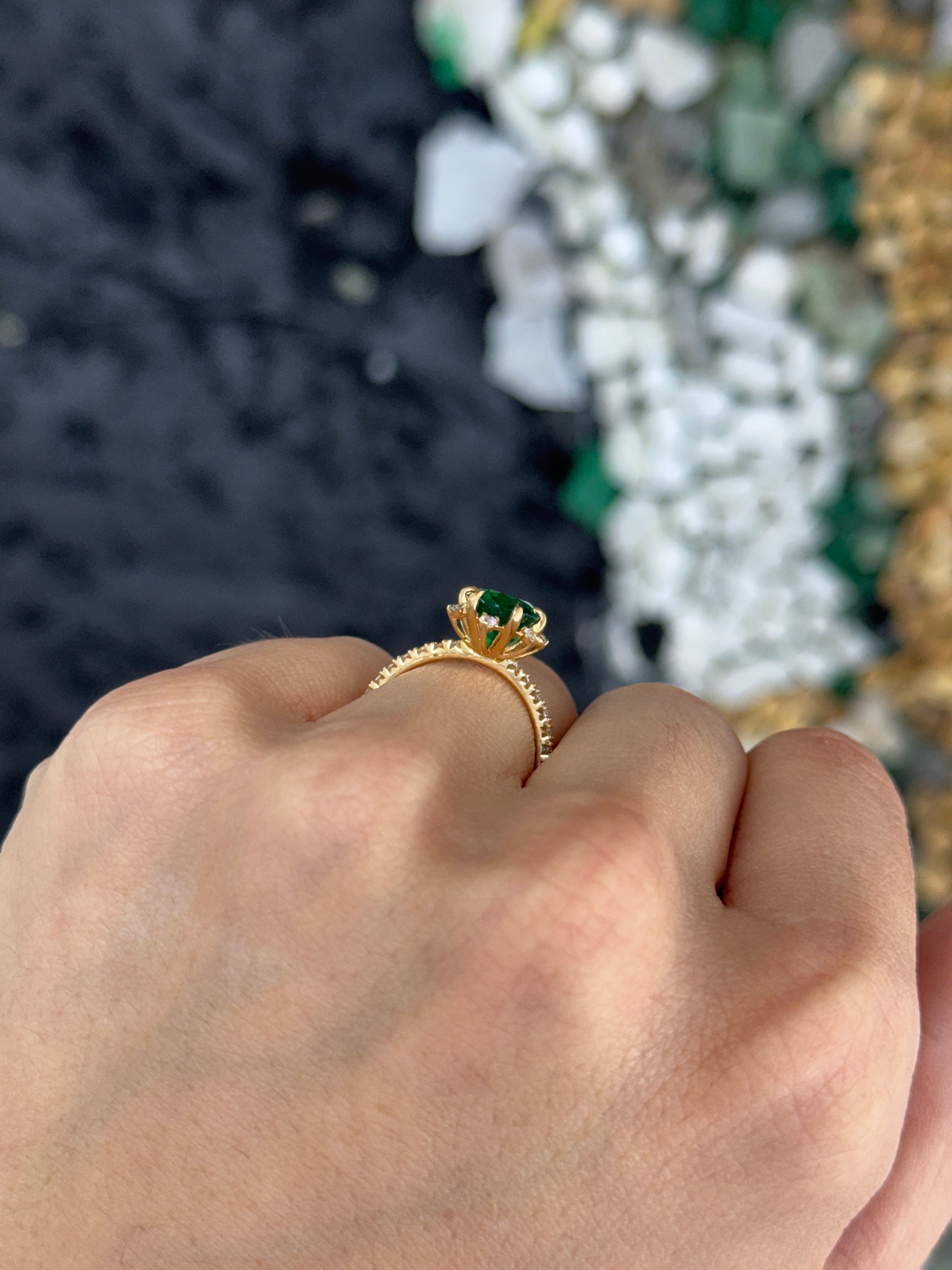 3.43tcw 14K Vivid Green Oval Emerald & Floral Diamond Halo with Diamond Accent Shank Engagement Right