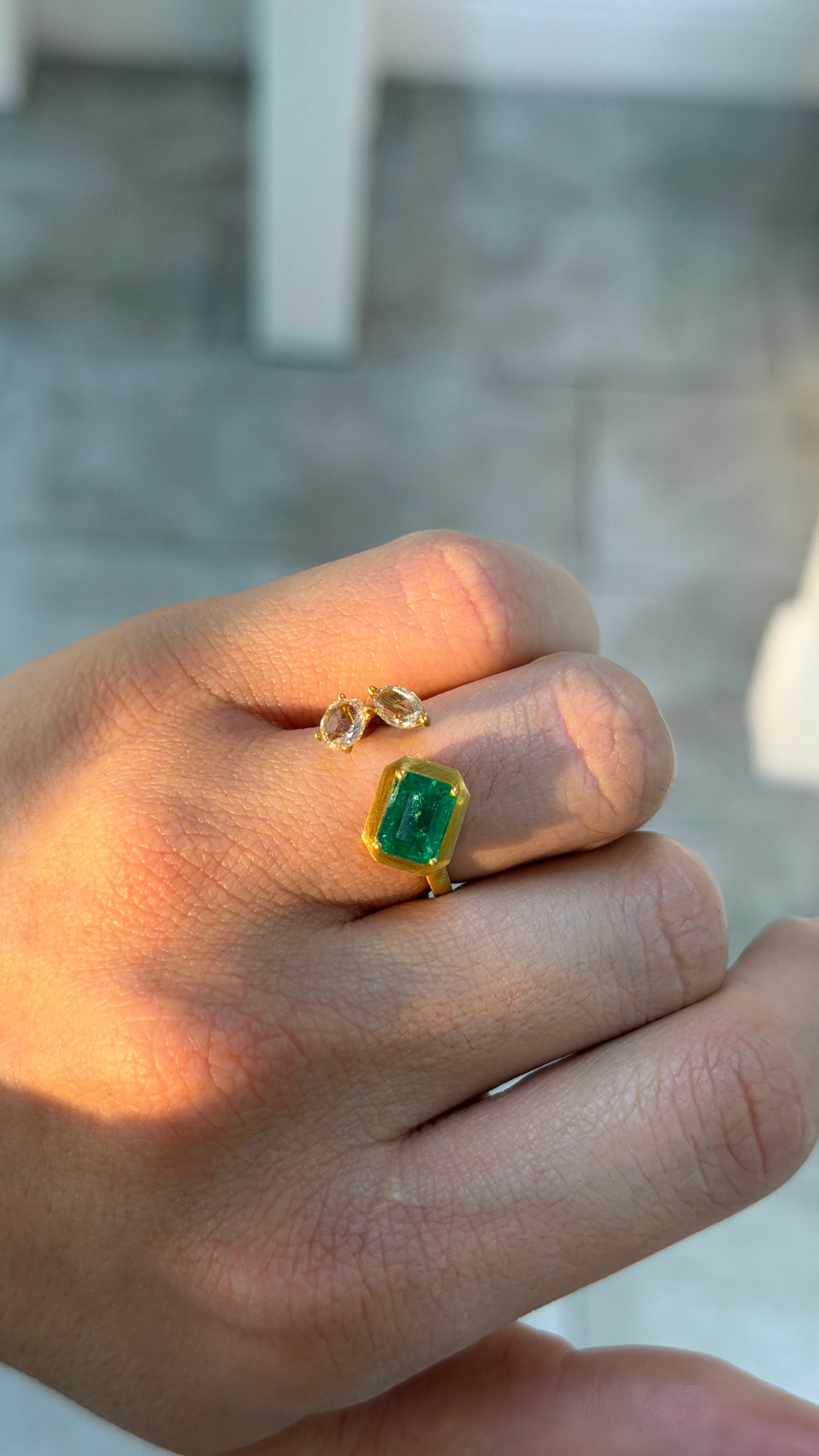 2.46tcw 18K Vivid Green Emerald Cut Emerald & Diamond Accent Three Stone Bypass Sand Blast Gold Finish Ring