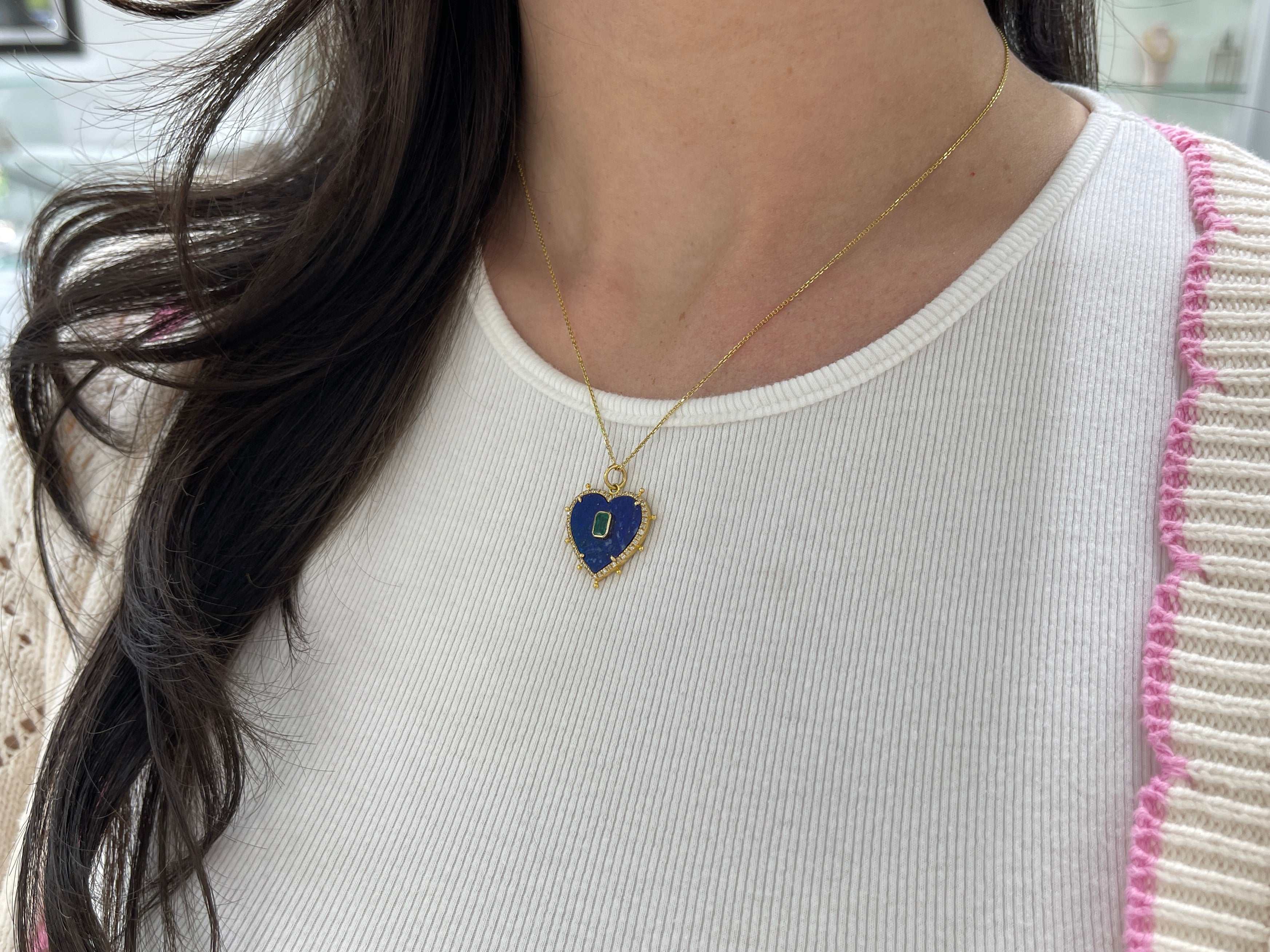14KT YELLOW GOLD LAPIS HEART PENDANT WITH EMERALD AND DIAMONDS - JR Colombian Emeralds