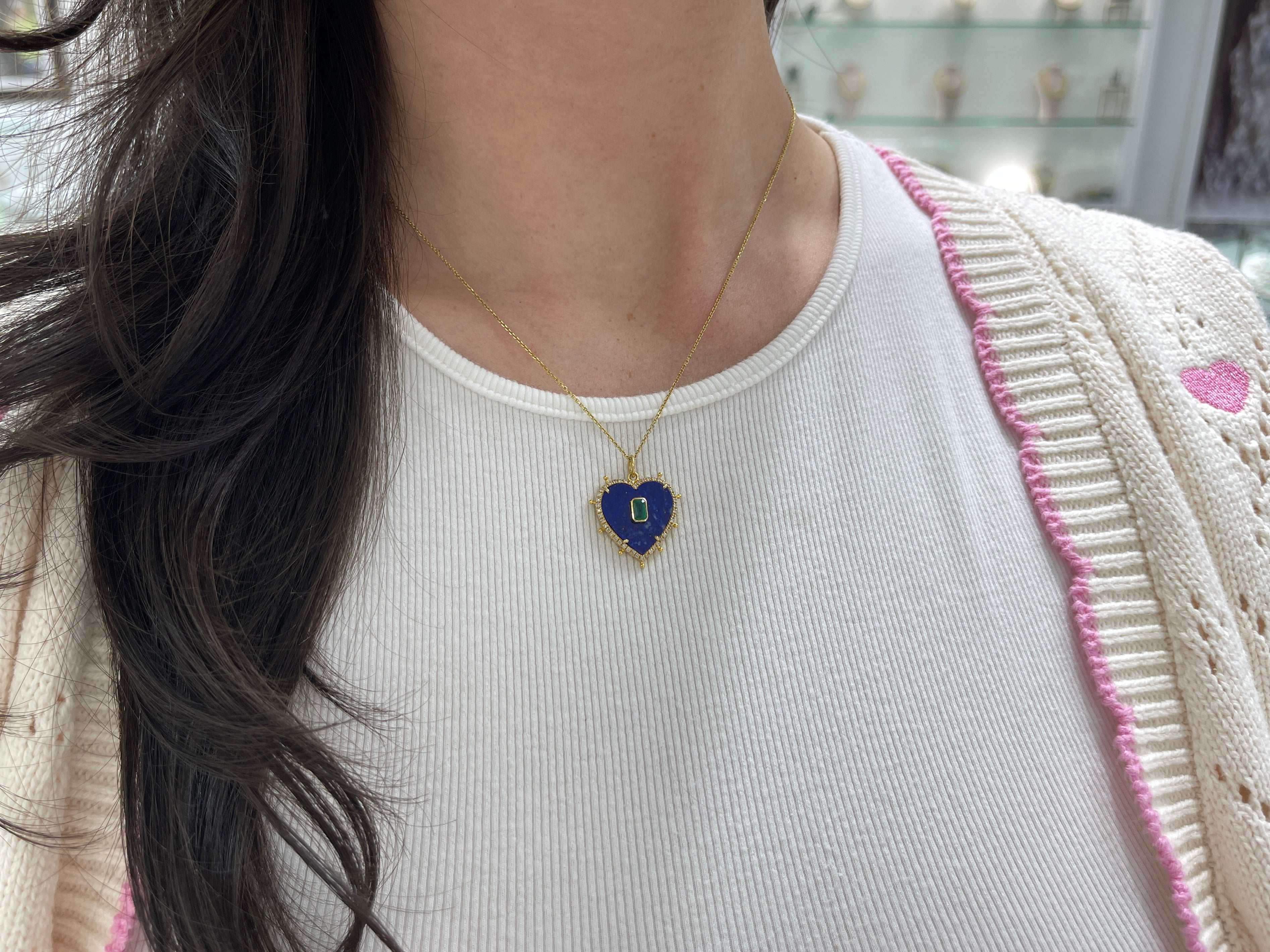 14KT YELLOW GOLD LAPIS HEART PENDANT WITH EMERALD AND DIAMONDS - JR Colombian Emeralds