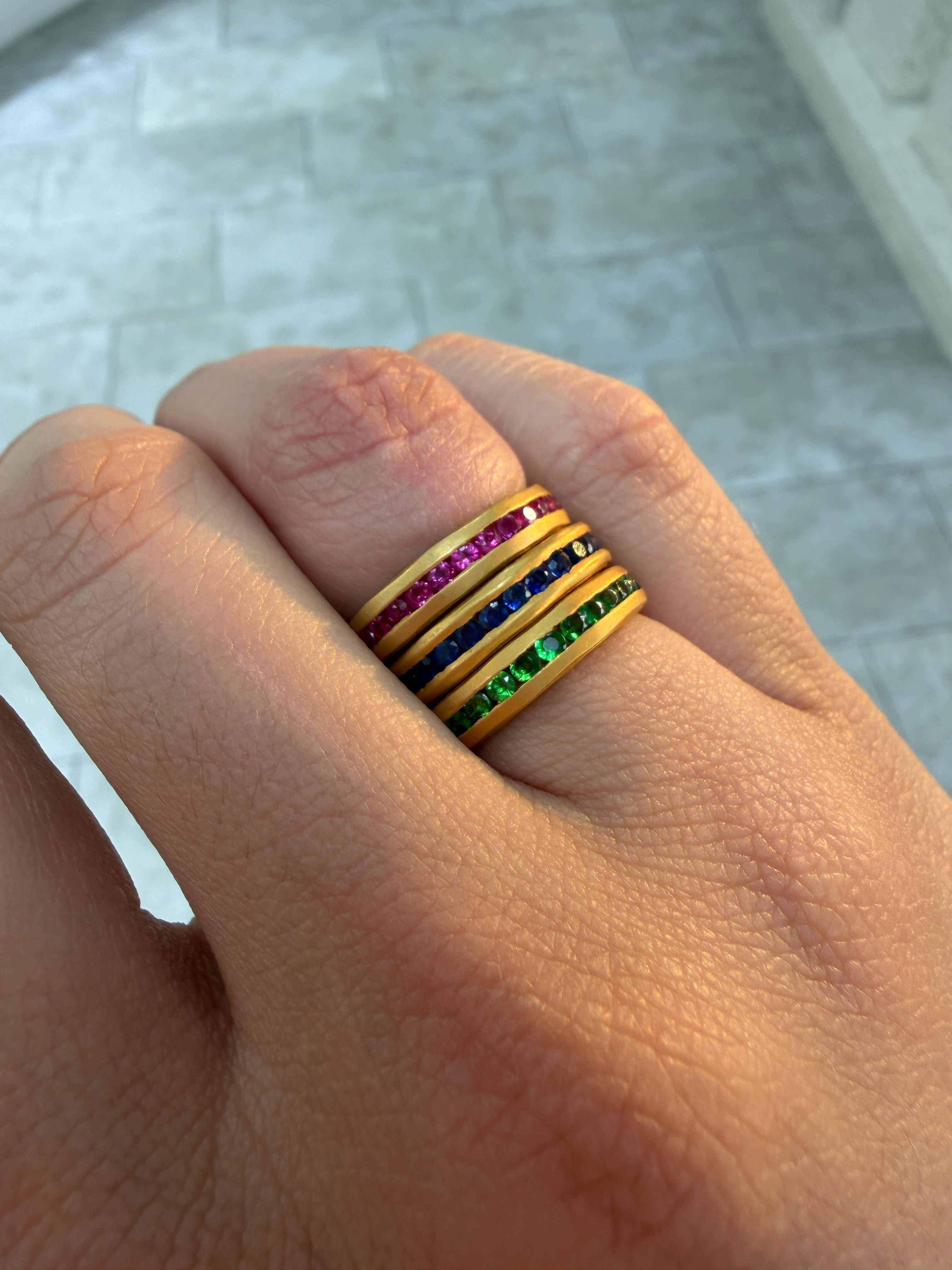 14K yellow gold eternity band ring with natural sapphire, tsavorite, and pink sapphires, size 7