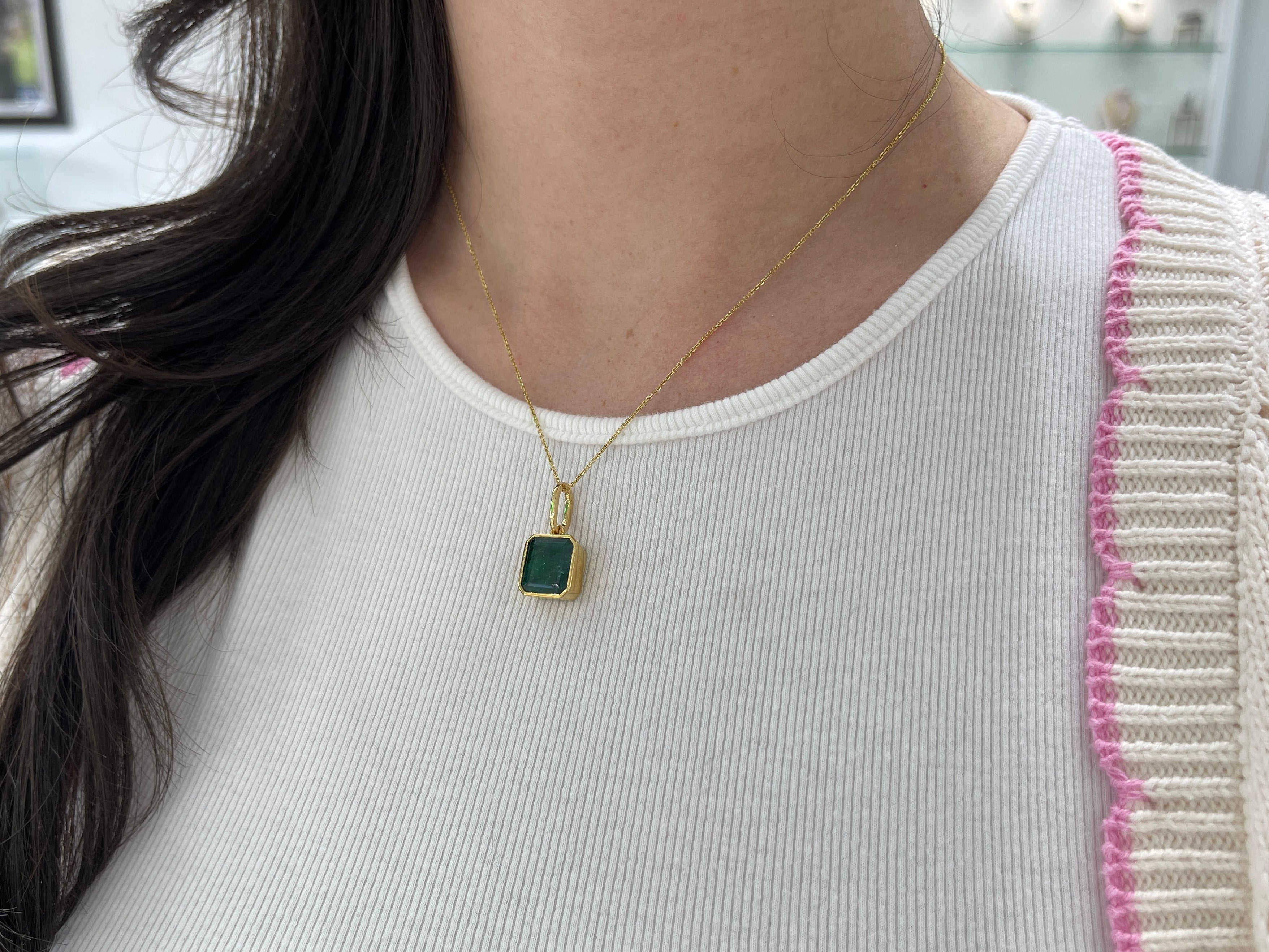 7.79 Carat Dark Green Bezel Set Zambian Emerald Necklace 14K Gold