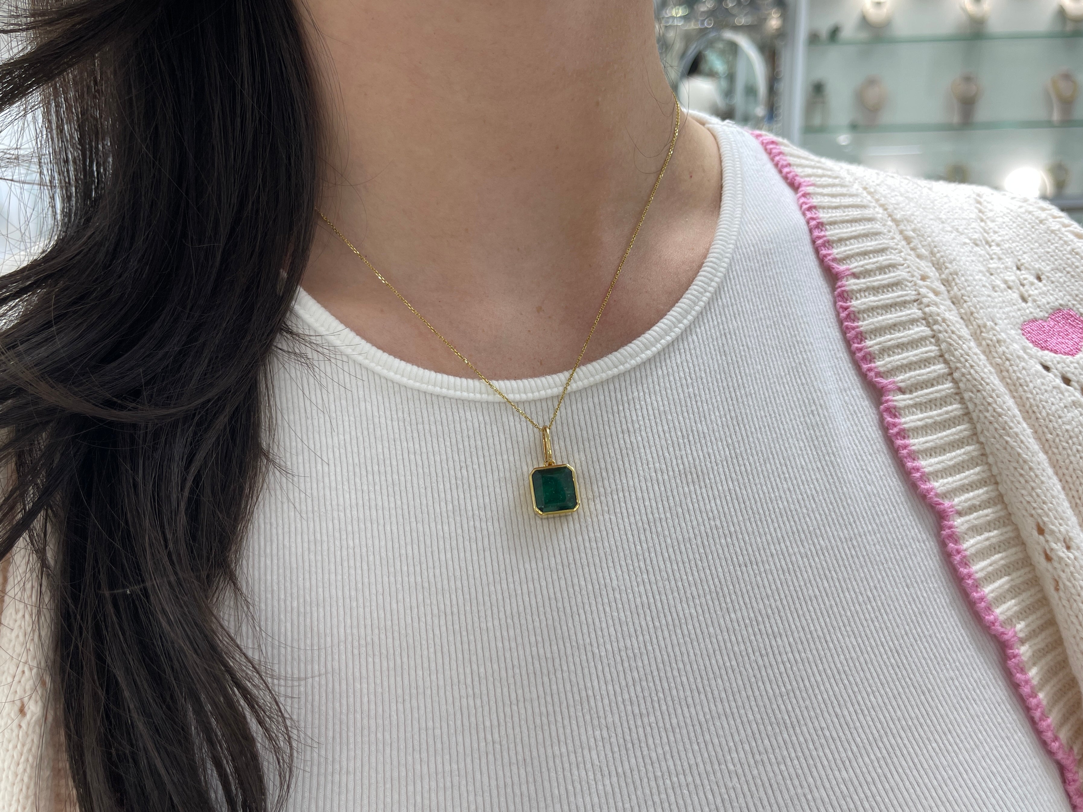 7.79 Carat Dark Green Bezel Set Zambian Emerald Necklace 14K Gold