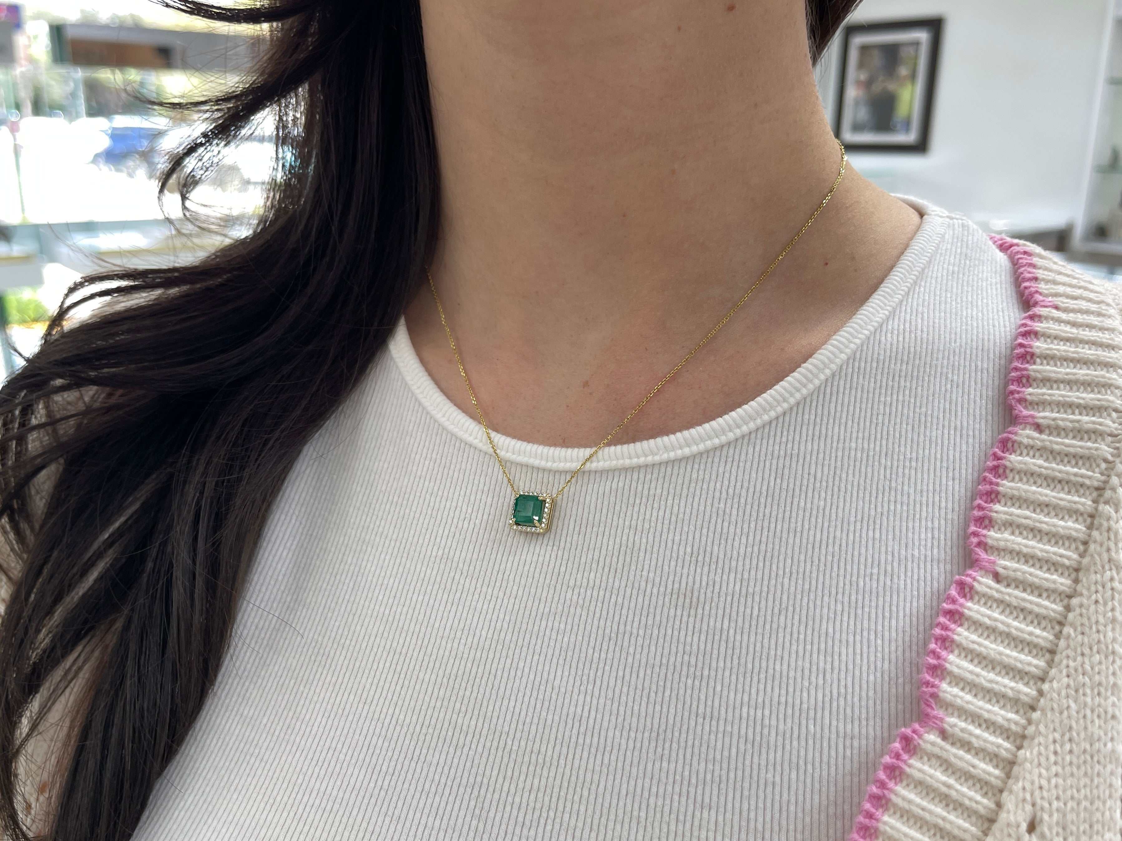 2.48tcw Asscher Cut Emerald & Diamond Halo Stationary Necklace 14K Gold - JR Colombian Emeralds