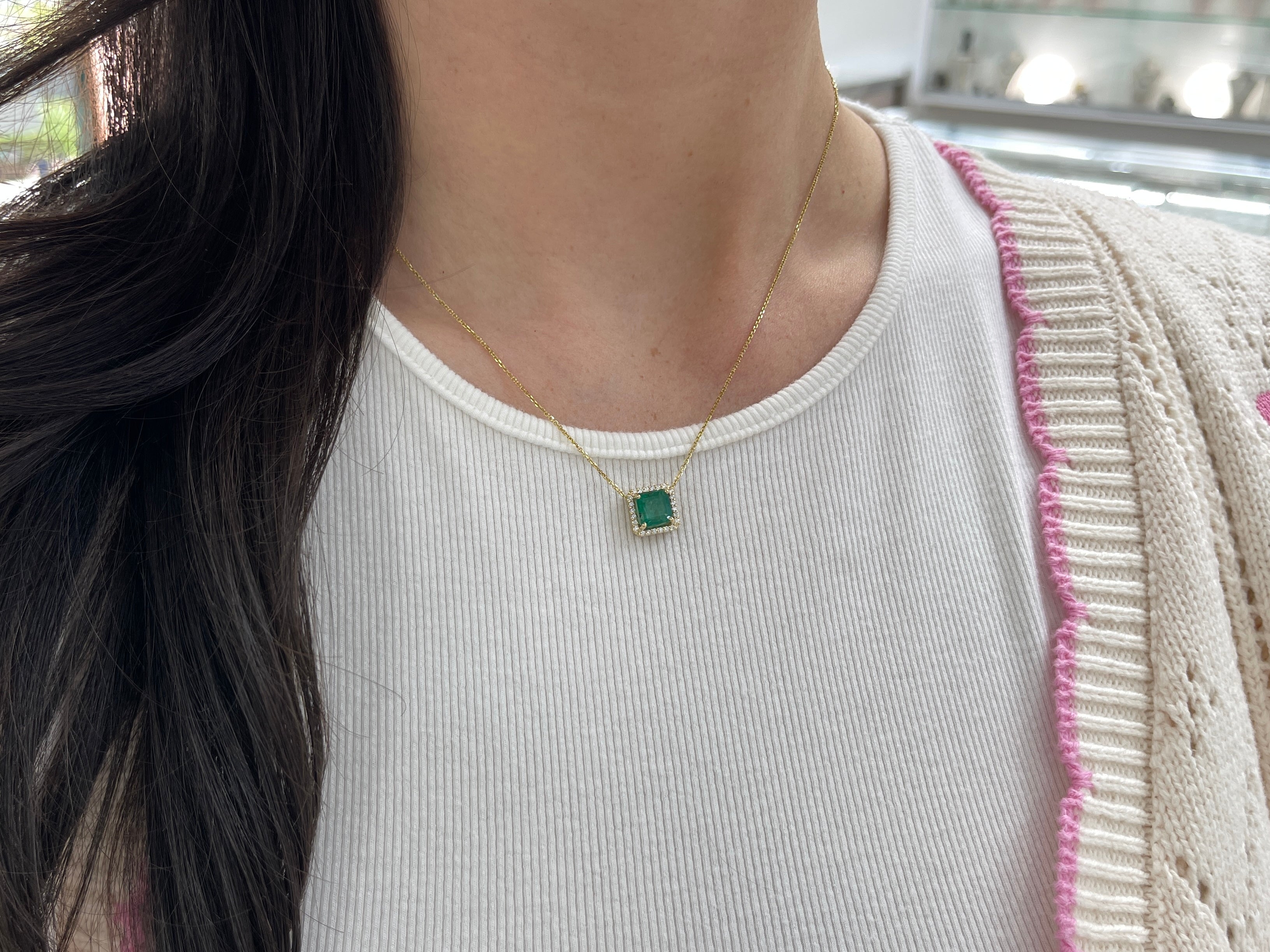 2.48tcw Asscher Cut Emerald & Diamond Halo Stationary Necklace 14K Gold