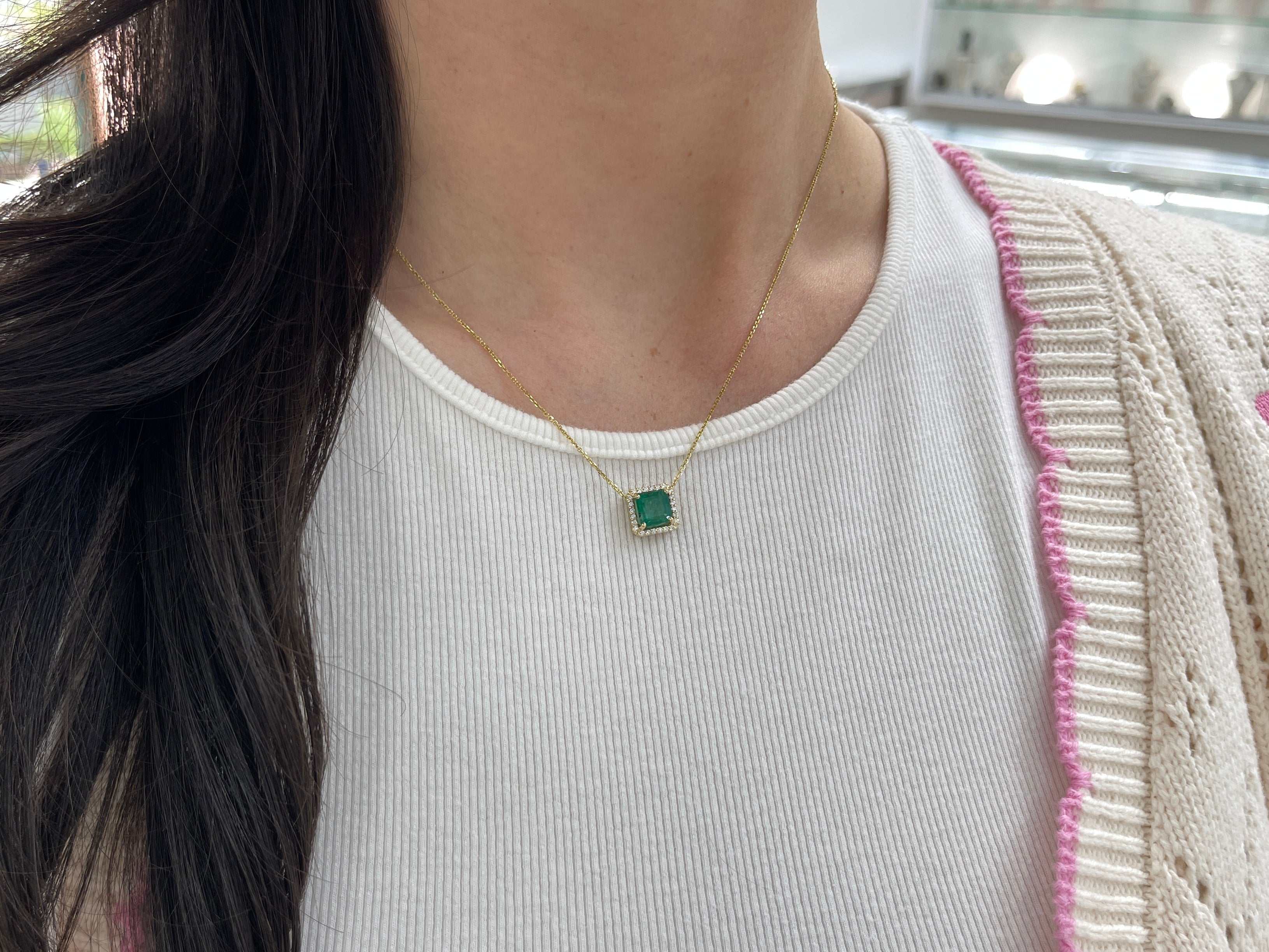 2.48tcw Asscher Cut Emerald & Diamond Halo Stationary Necklace 14K Gold - JR Colombian Emeralds