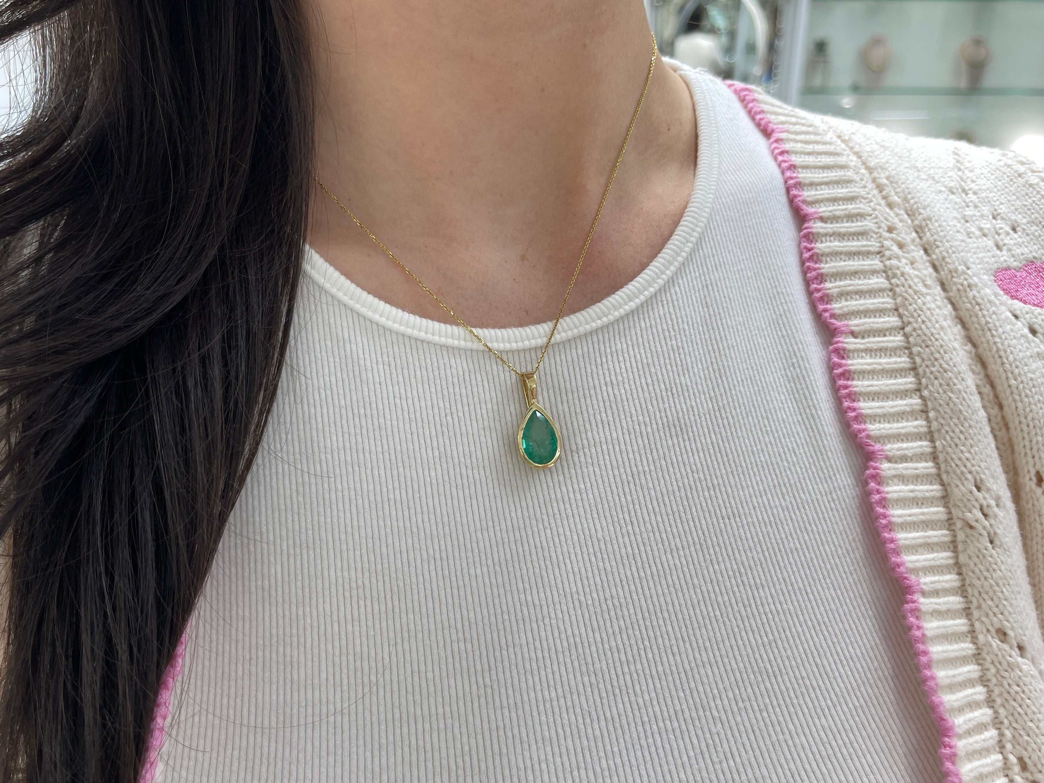 4.90 Carat Colombian Emerald Bezel Set Necklace 14K - JR Colombian Emeralds