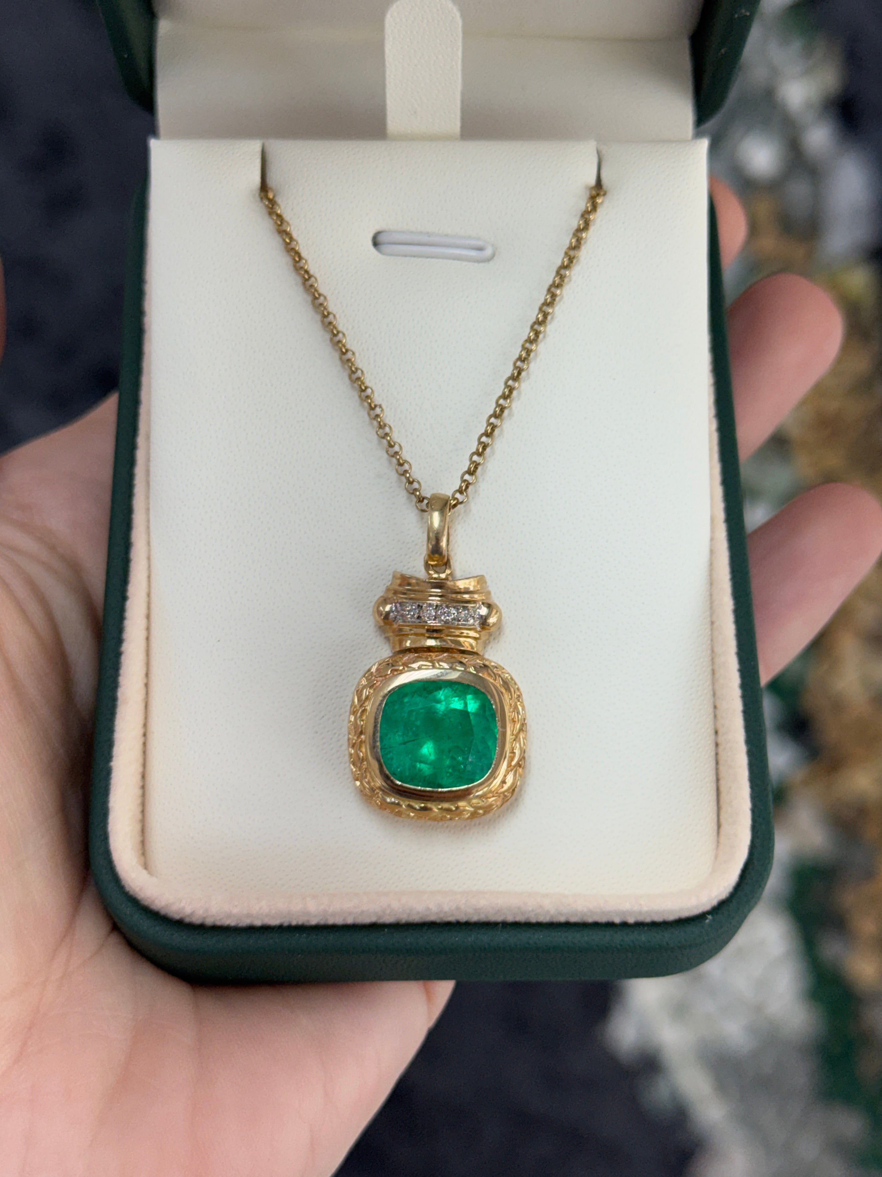 7.37tcw Vintage Natural Cushion Cut Colombian Emerald & Diamond Statement Pendant