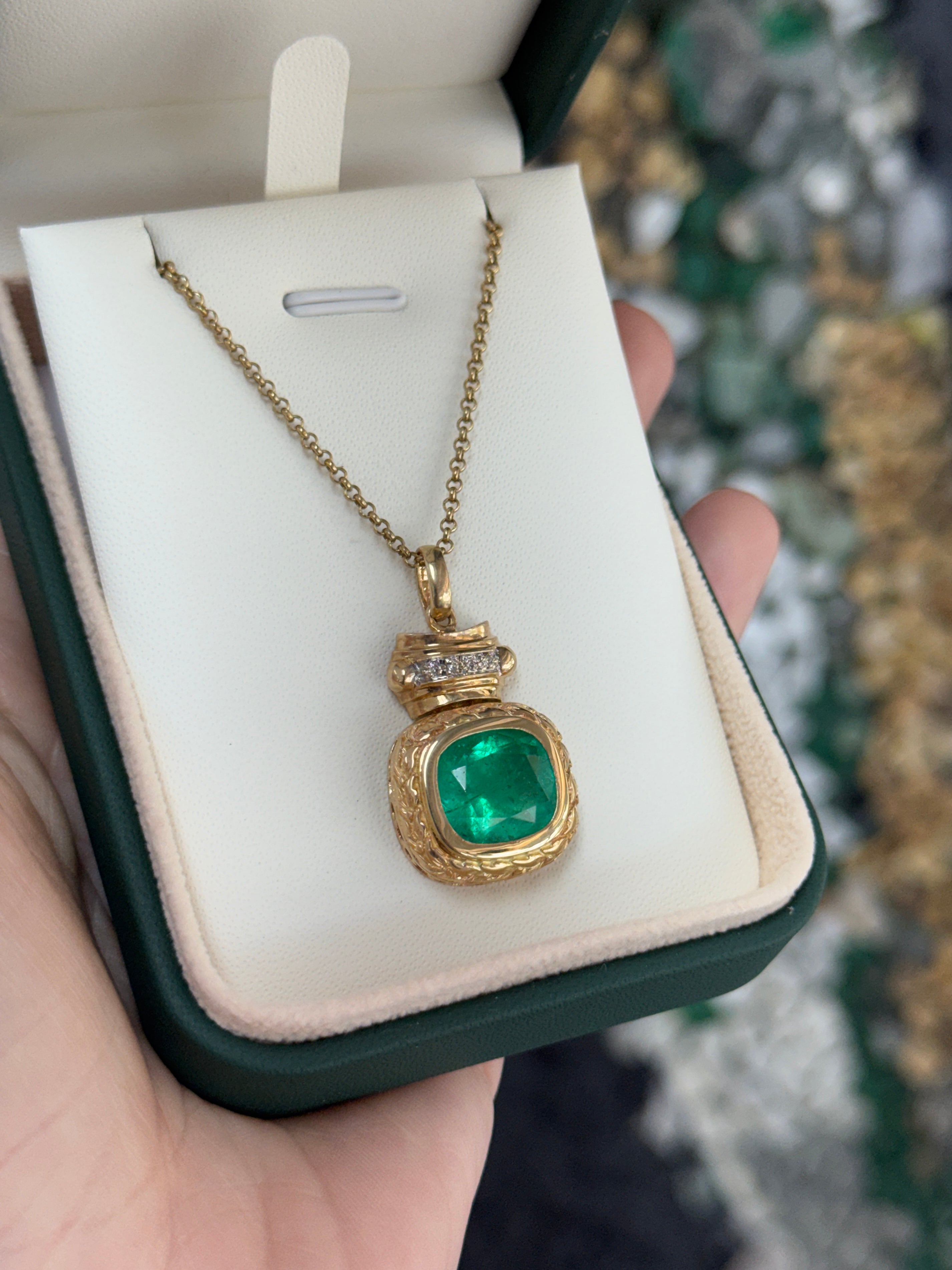7.37tcw Vintage Natural Cushion Cut Colombian Emerald & Diamond Statement Pendant