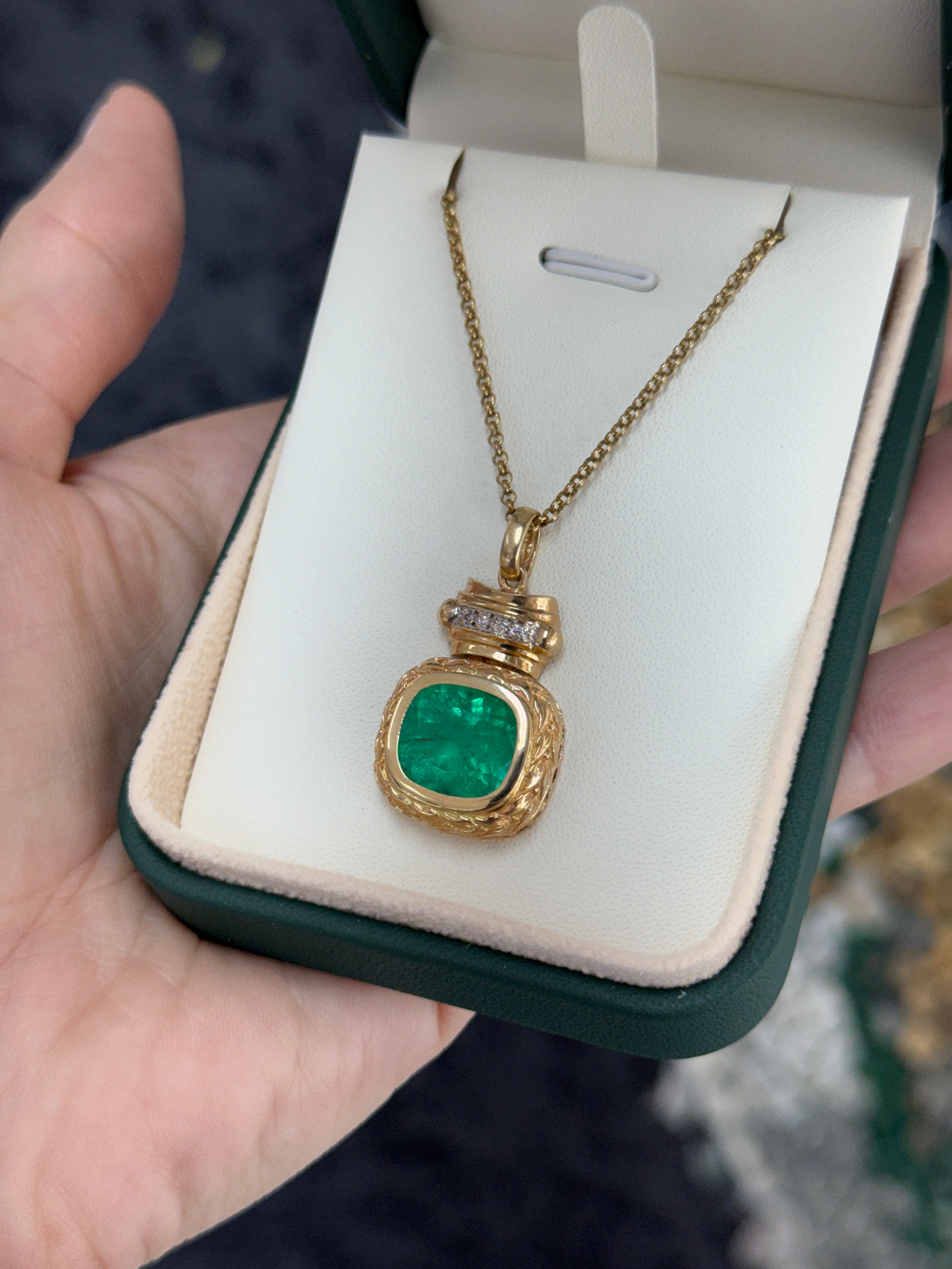 7.37tcw Vintage Natural Cushion Cut Colombian Emerald & Diamond Statement Pendant