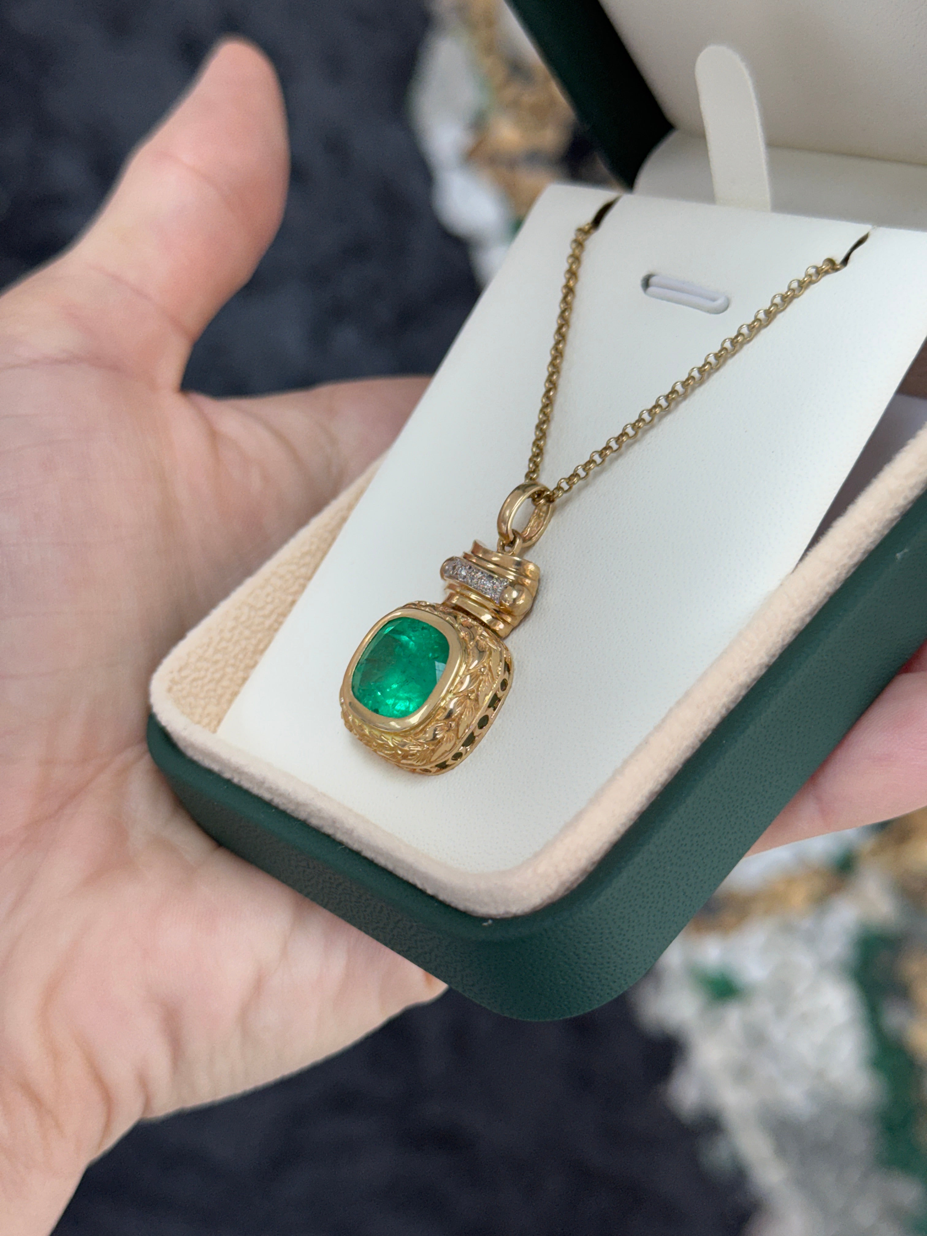 7.37tcw Vintage Natural Cushion Cut Colombian Emerald & Diamond Statement Pendant