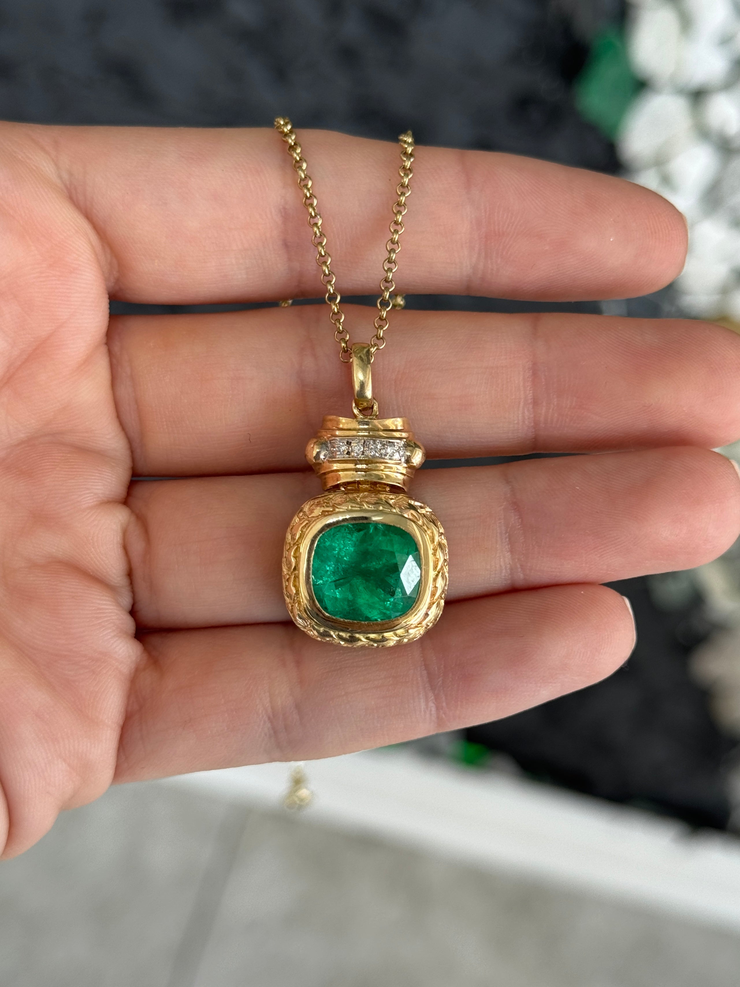7.37tcw Vintage Natural Cushion Cut Colombian Emerald & Diamond Statement Pendant