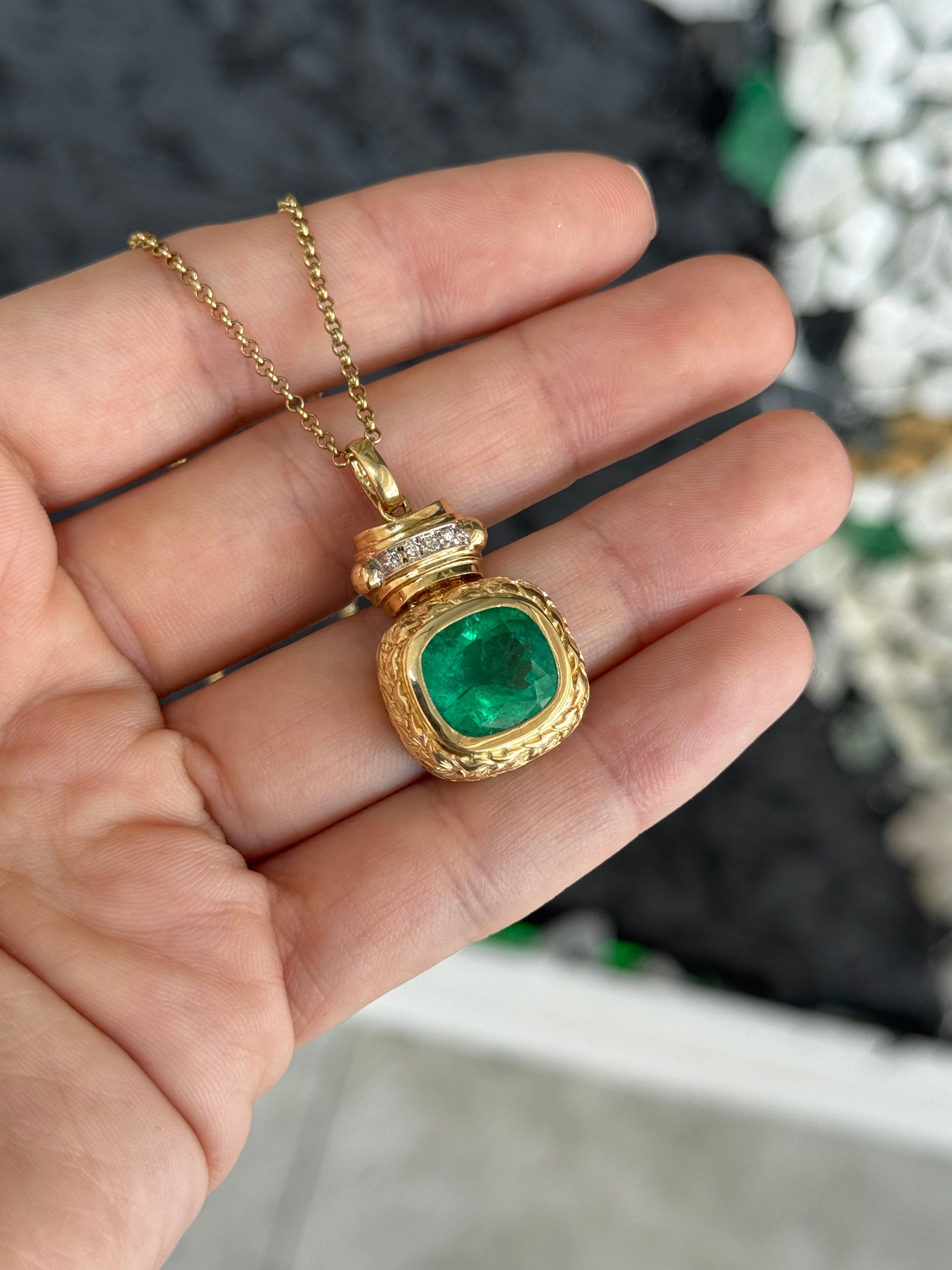 7.37tcw Vintage Natural Cushion Cut Colombian Emerald & Diamond Statement Pendant