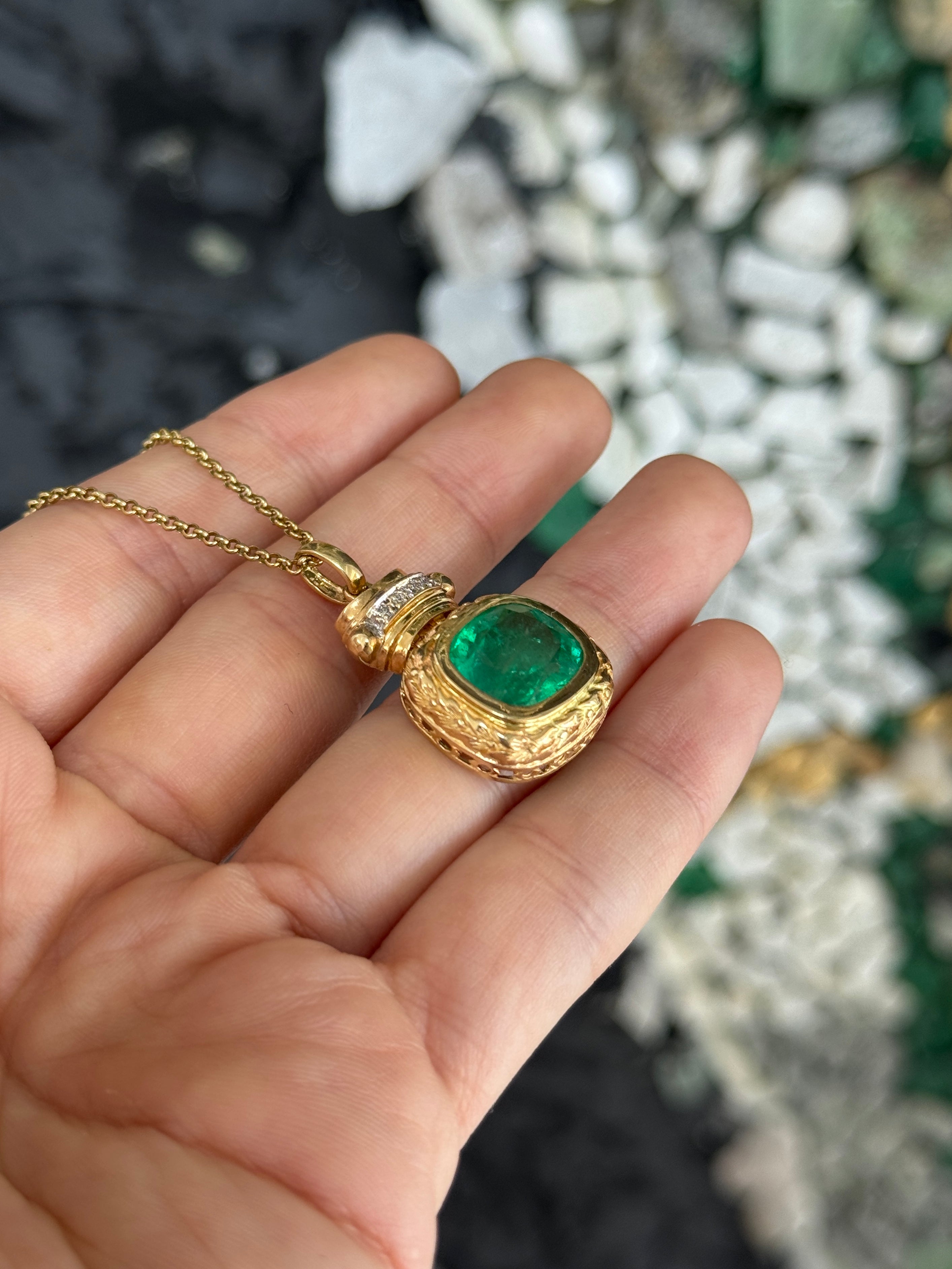 7.37tcw Vintage Natural Cushion Cut Colombian Emerald & Diamond Statement Pendant