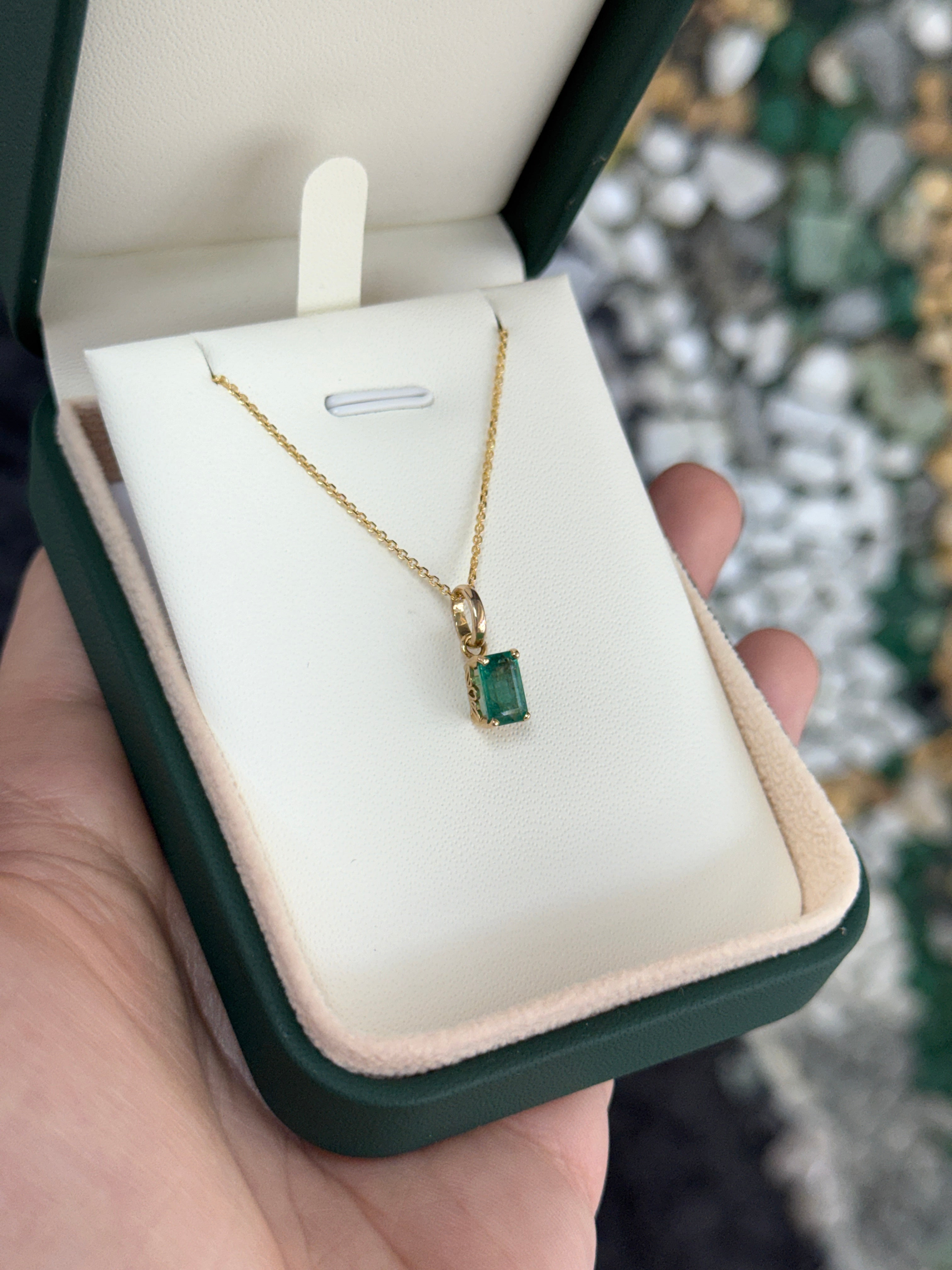 1.10ct 14K Solitaire Emerald Cut Emerald Pendant with Floral Basket