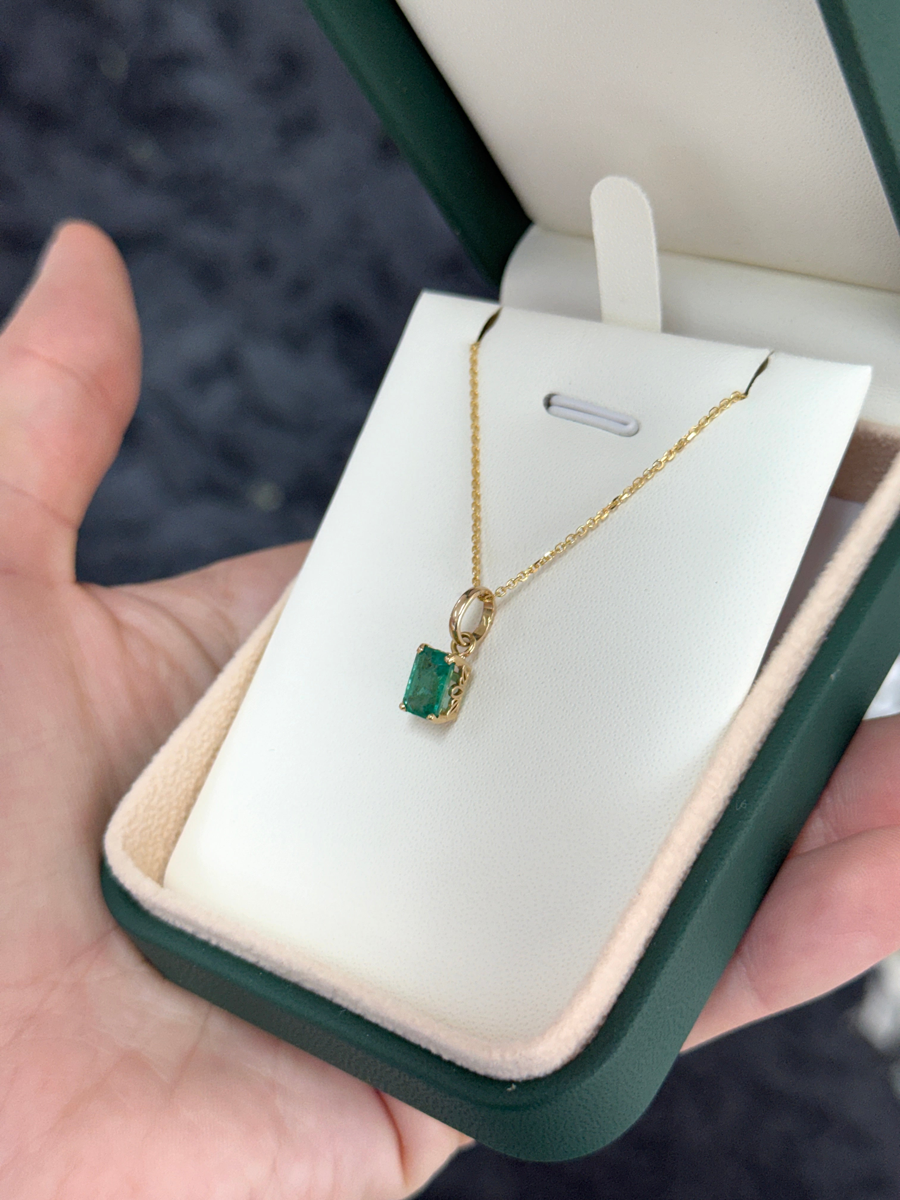 1.10ct 14K Solitaire Emerald Cut Emerald Pendant with Floral Basket