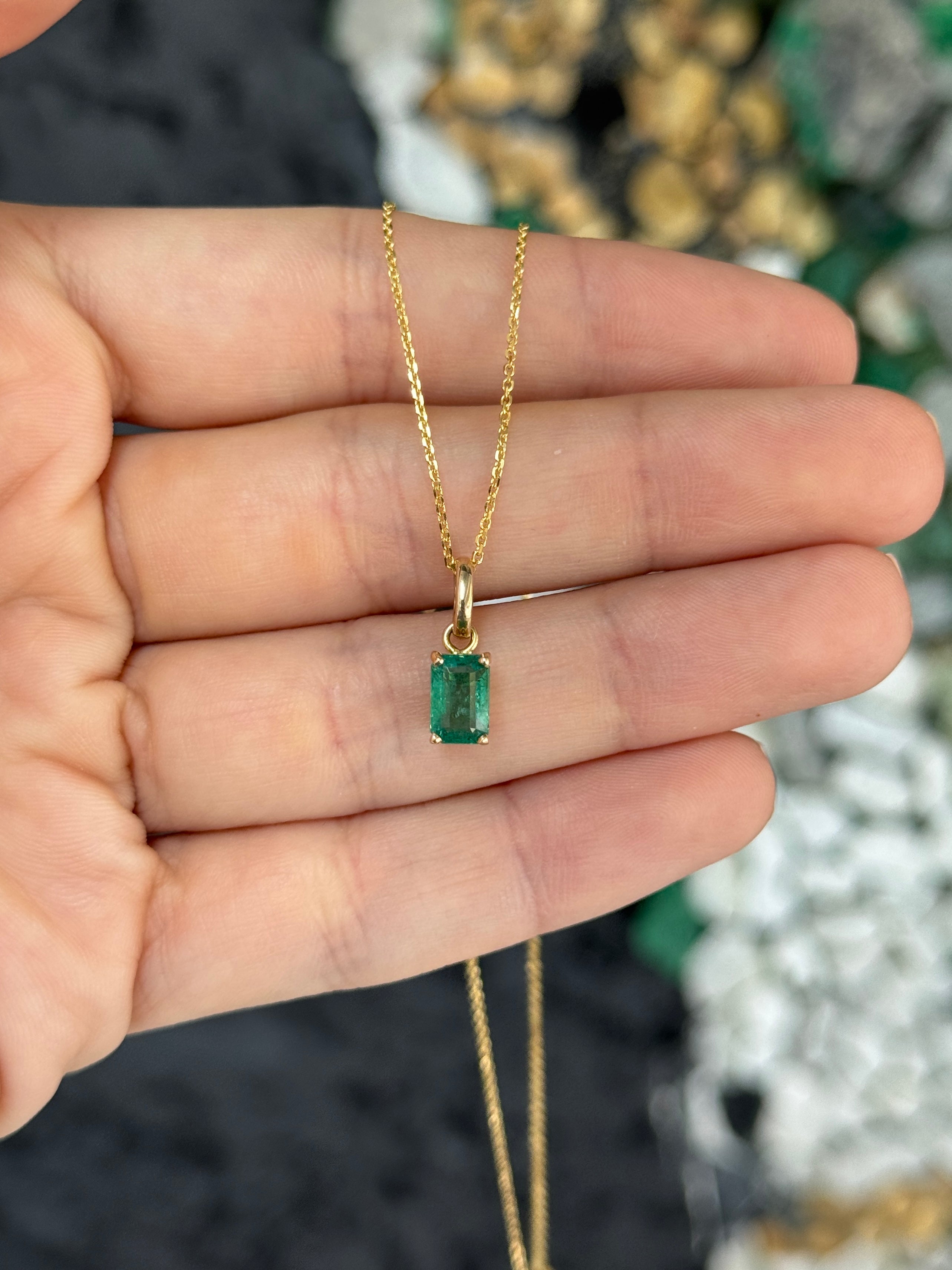 1.10ct 14K Solitaire Emerald Cut Emerald Pendant with Floral Basket