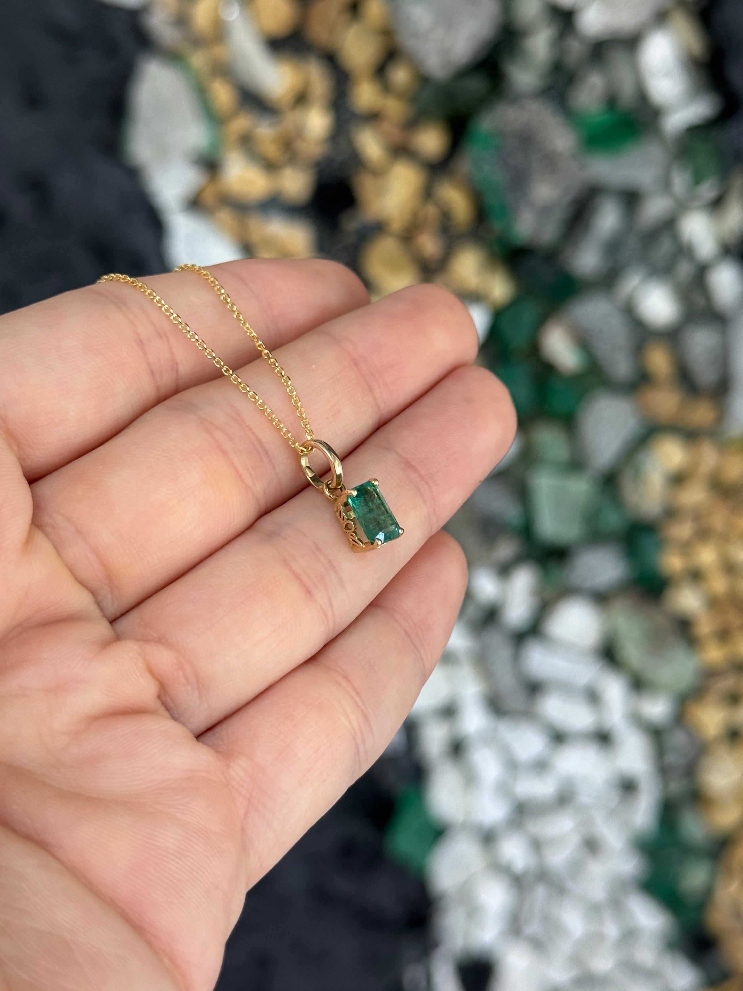 1.10ct 14K Solitaire Emerald Cut Emerald Pendant with Floral Basket