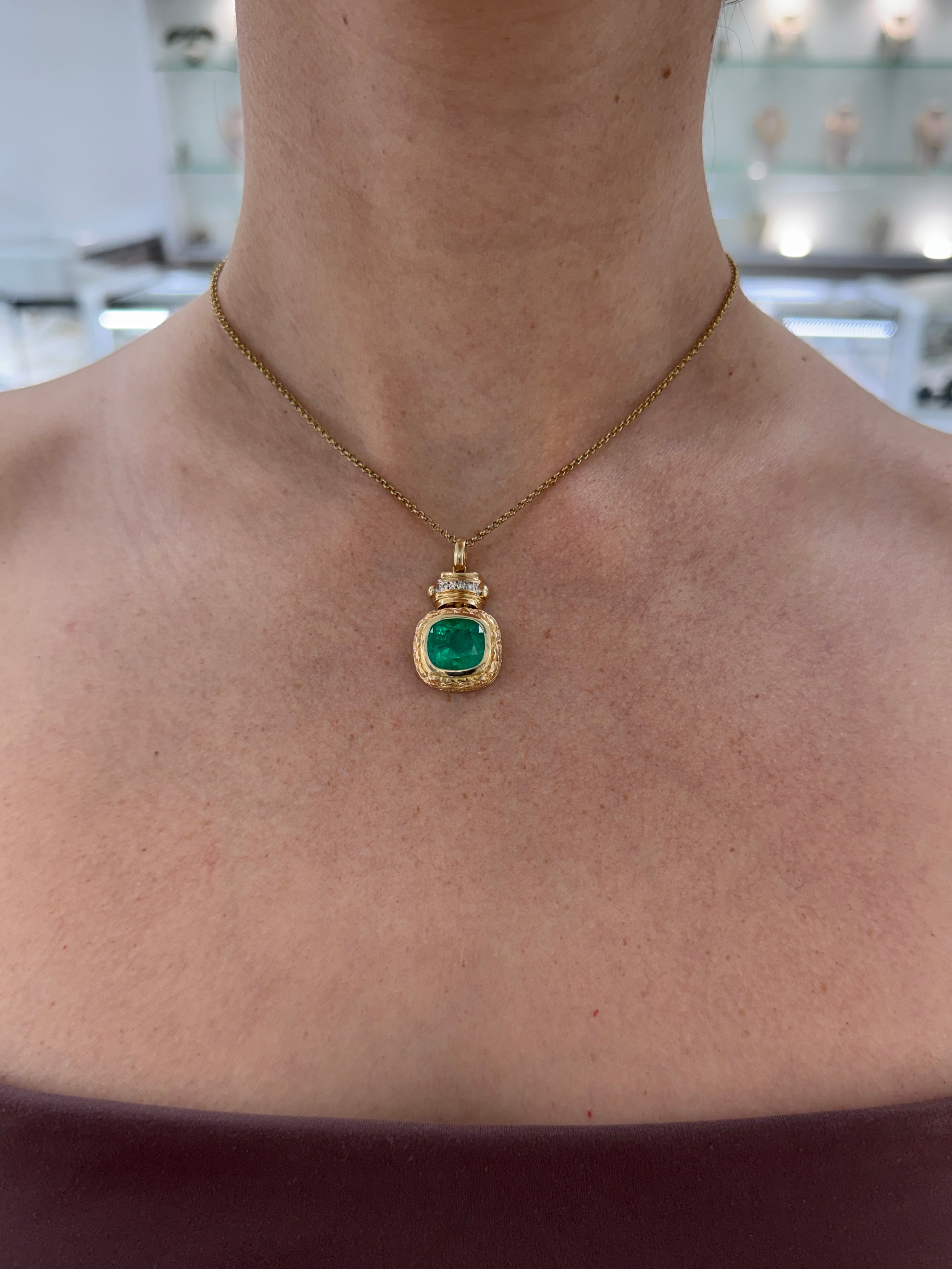 7.37tcw Vintage Natural Cushion Cut Colombian Emerald & Diamond Statement Pendant