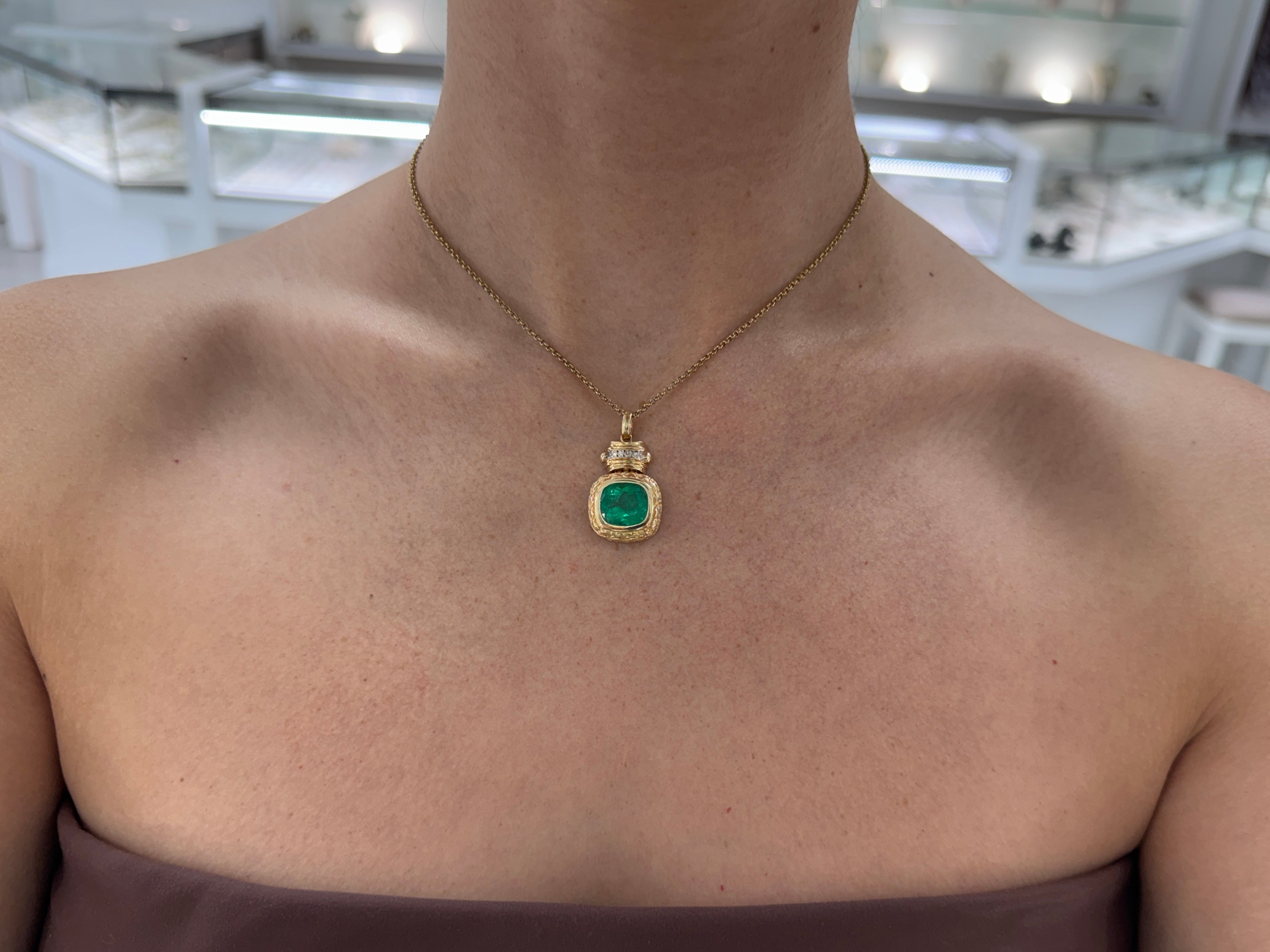 7.37tcw Vintage Natural Cushion Cut Colombian Emerald & Diamond Statement Pendant