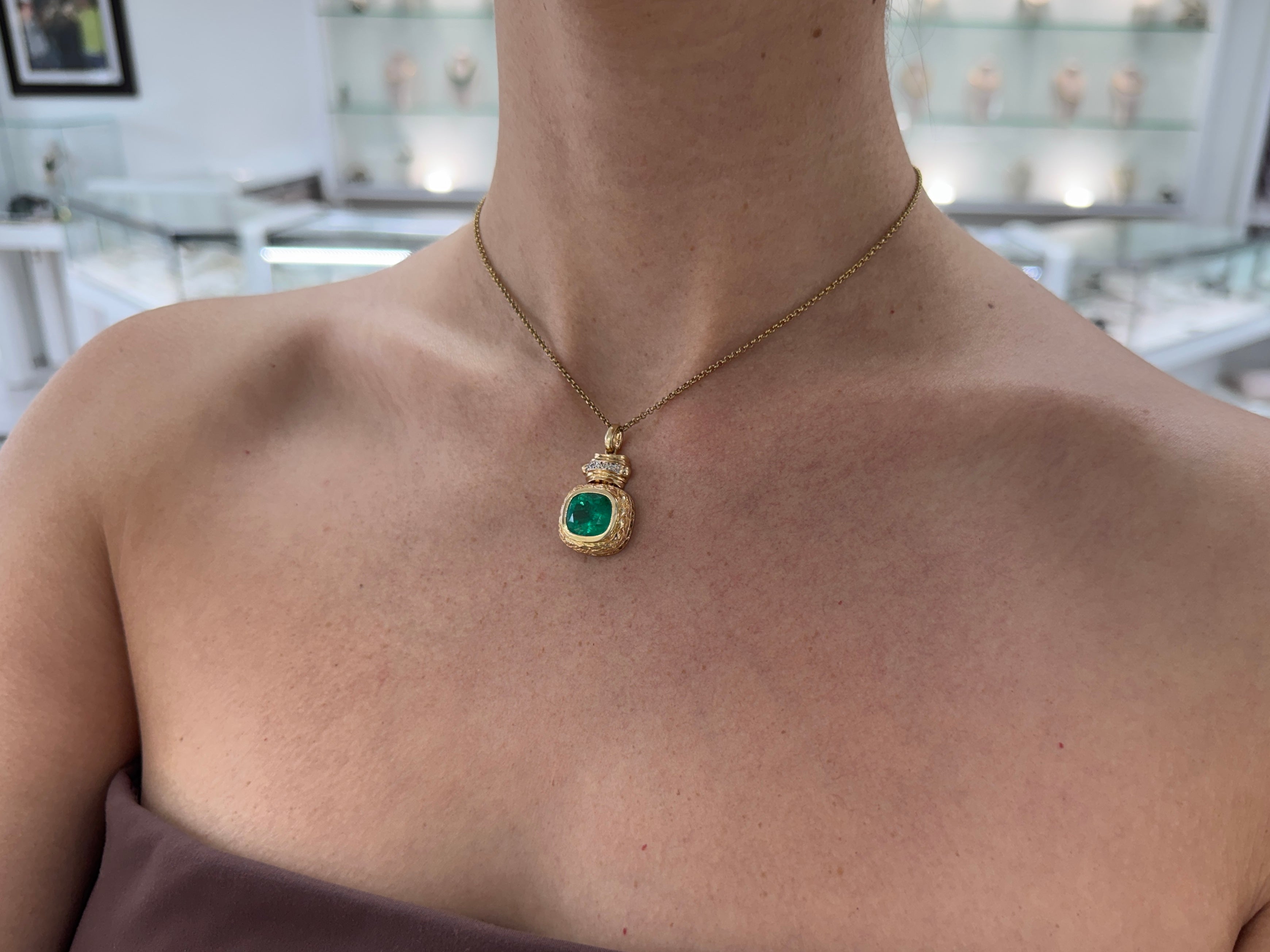 7.37tcw Vintage Natural Cushion Cut Colombian Emerald & Diamond Statement Pendant