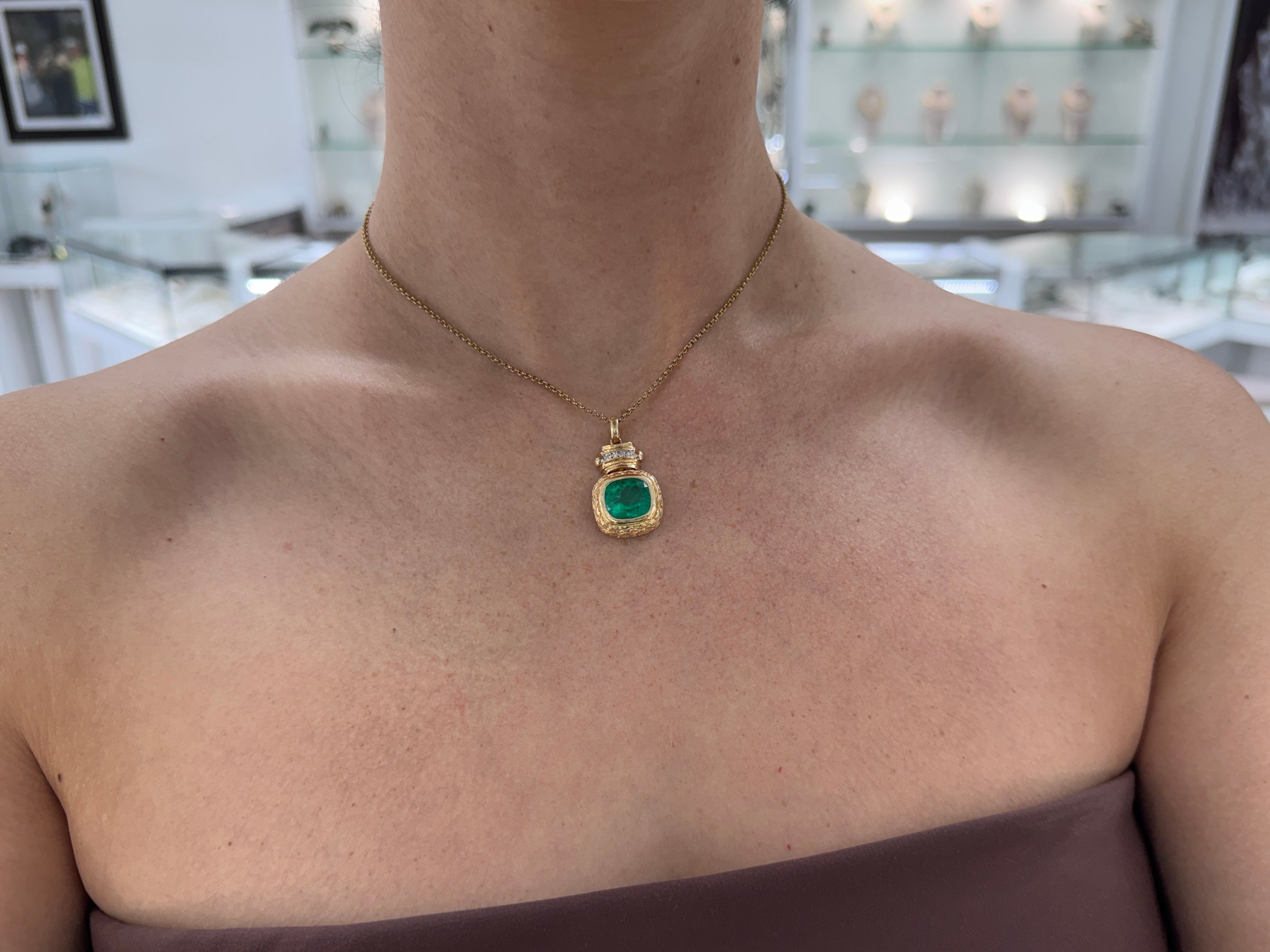7.37tcw Vintage Natural Cushion Cut Colombian Emerald & Diamond Statement Pendant