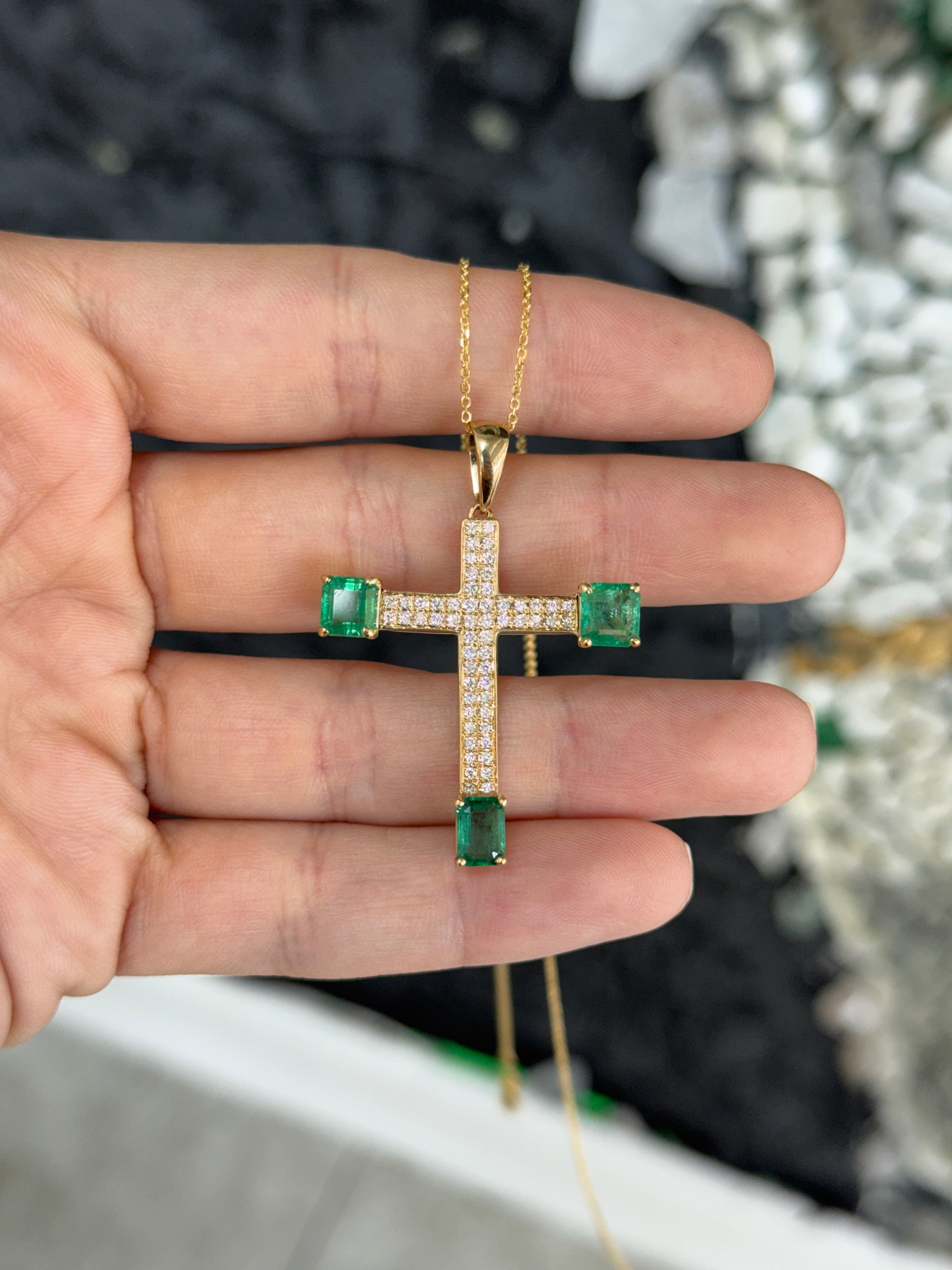 4.01tcw 14K Natural Emerald & Diamond Pave Cross Pendant Necklace