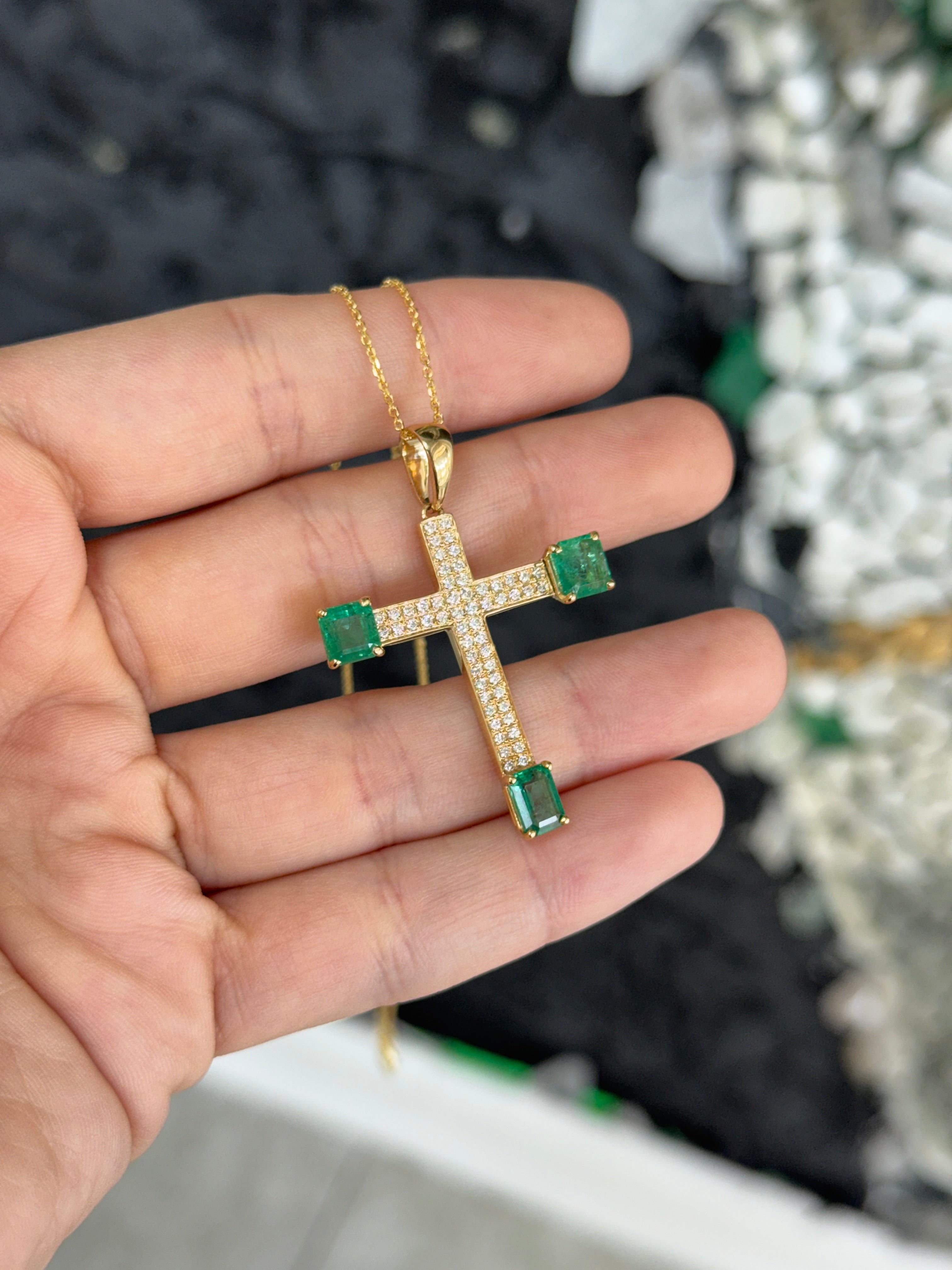 4.01tcw 14K Natural Emerald & Diamond Pave Cross Pendant Necklace