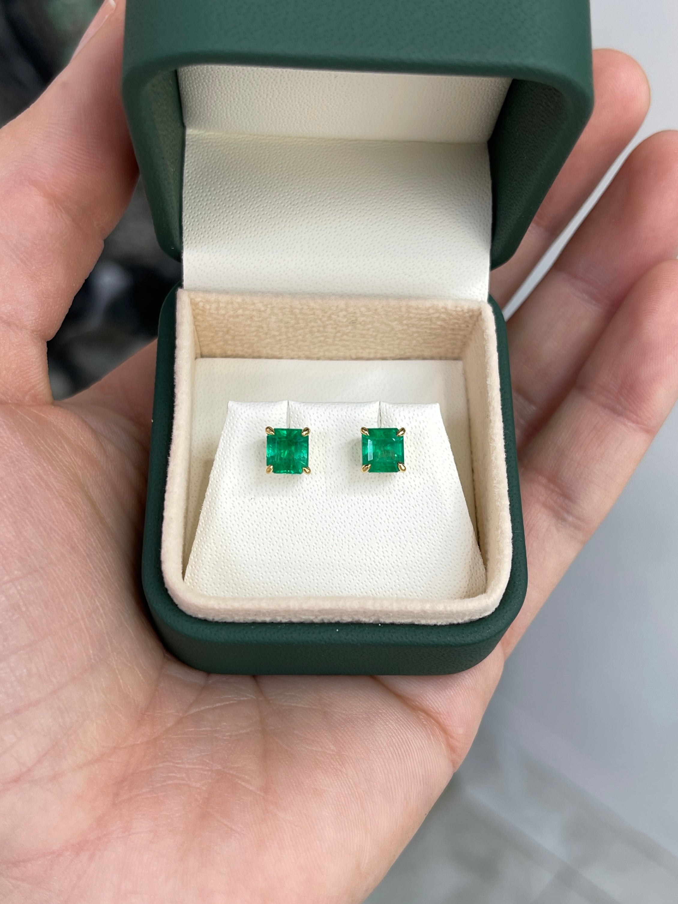 1.98 Carat Total Colombian Emerald Stud Earrings in 18K Gold-Vivid Green Natural Emeralds