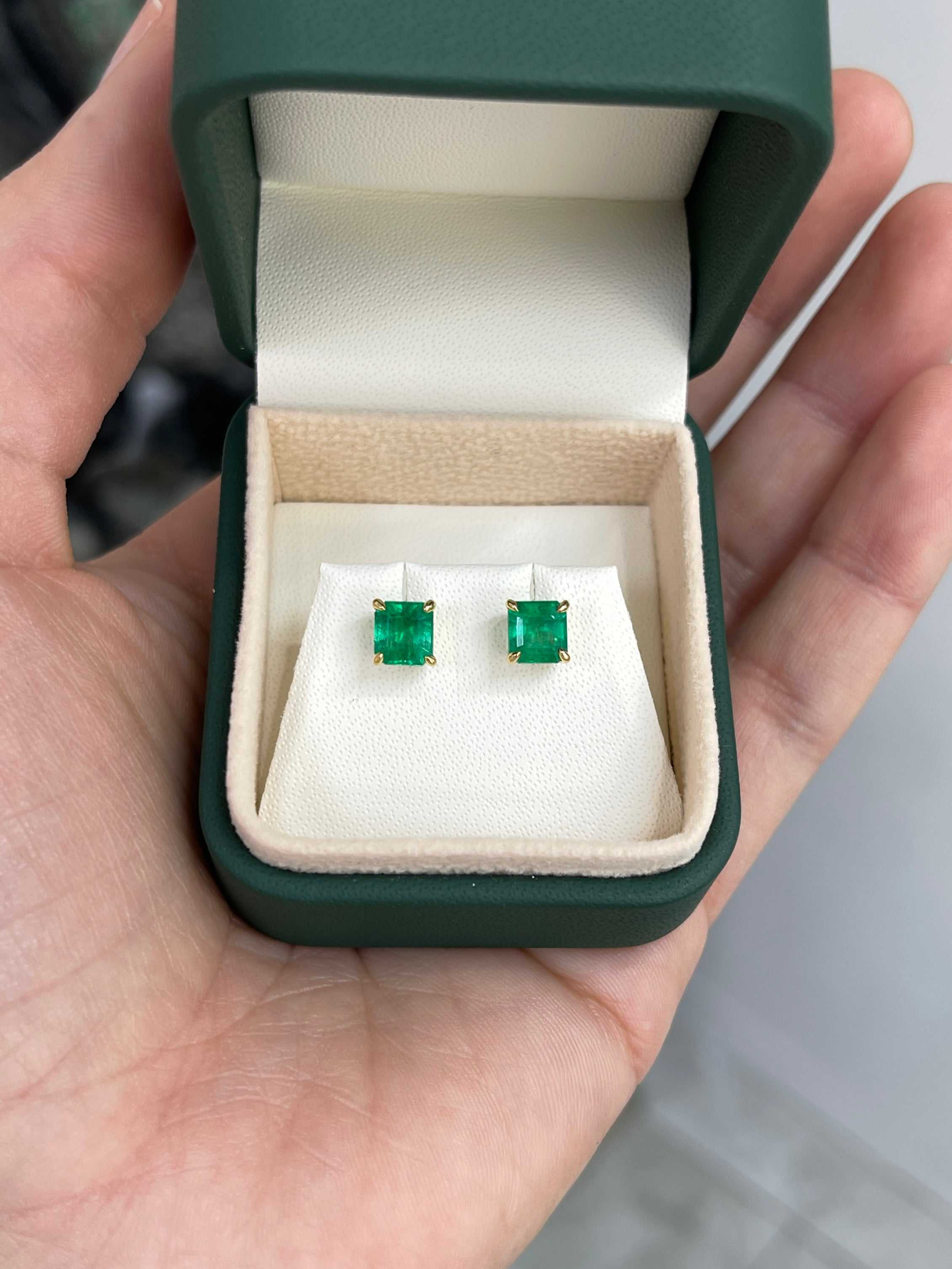 1.98 Carat Total Colombian Emerald Stud Earrings in 18K Gold-Vivid Green Natural Emeralds - JR Colombian Emeralds