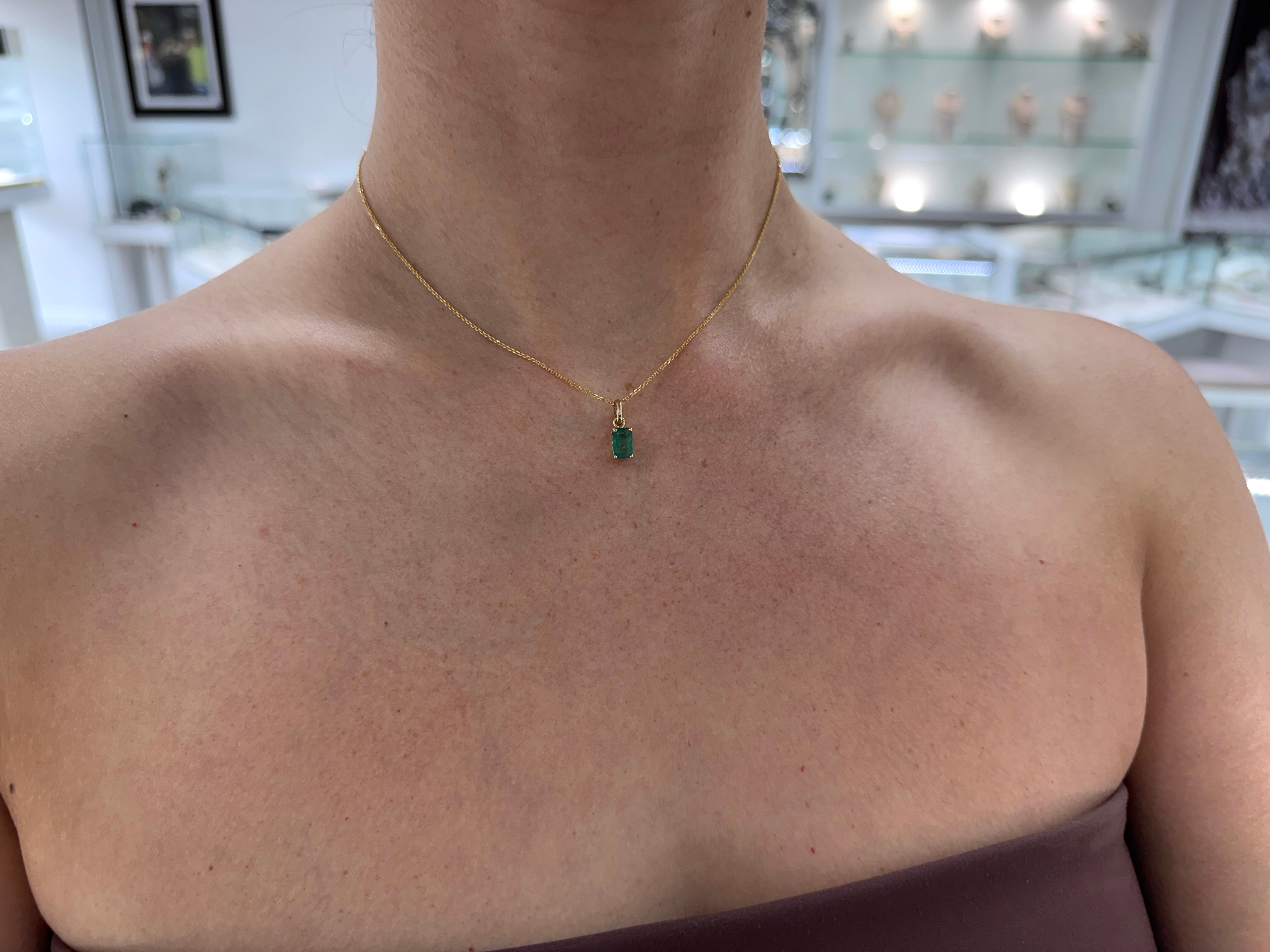 1.10ct 14K Solitaire Emerald Cut Emerald Pendant with Floral Basket