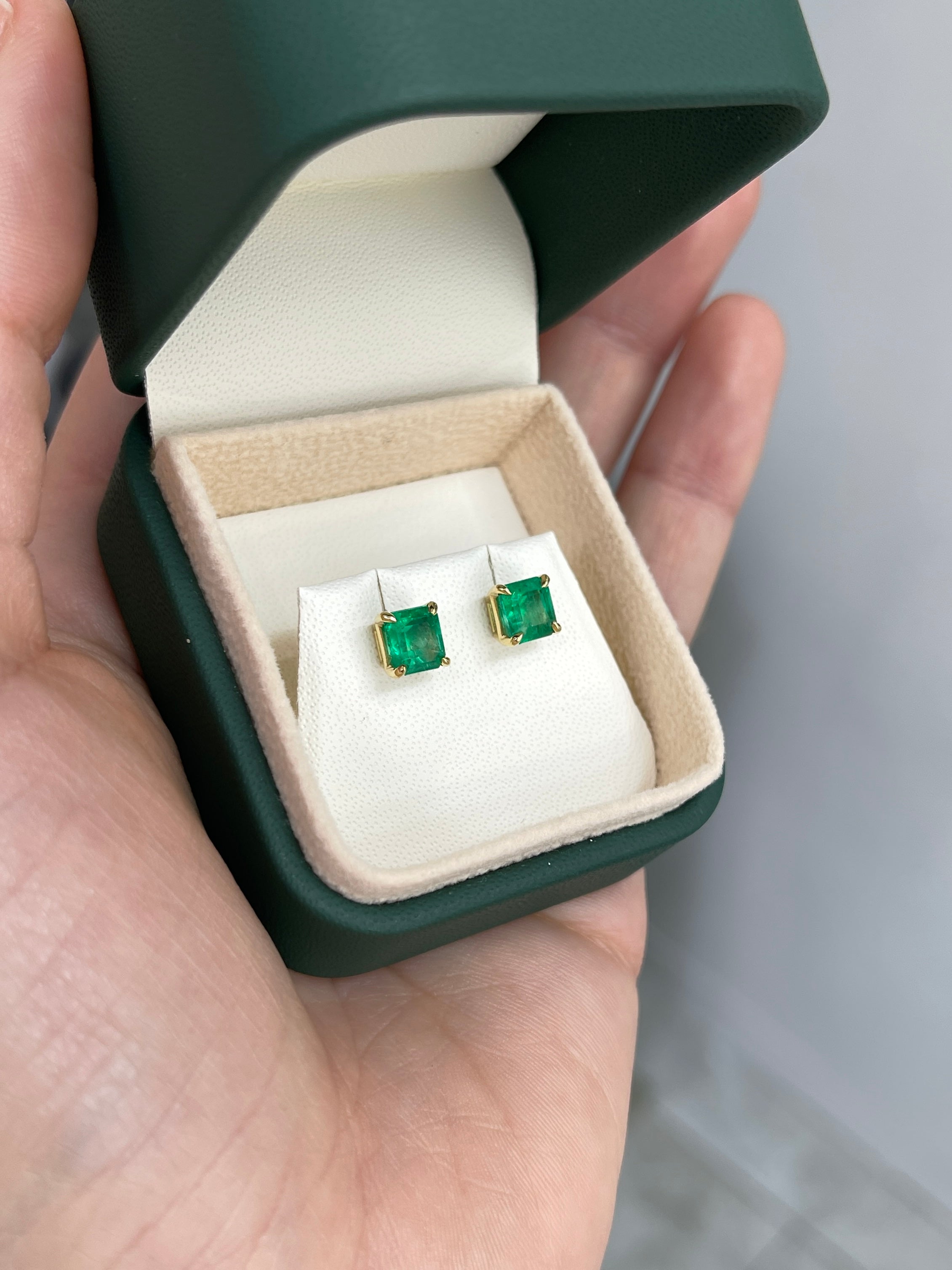 1.98 Carat Total Colombian Emerald Stud Earrings in 18K Gold-Vivid Green Natural Emeralds