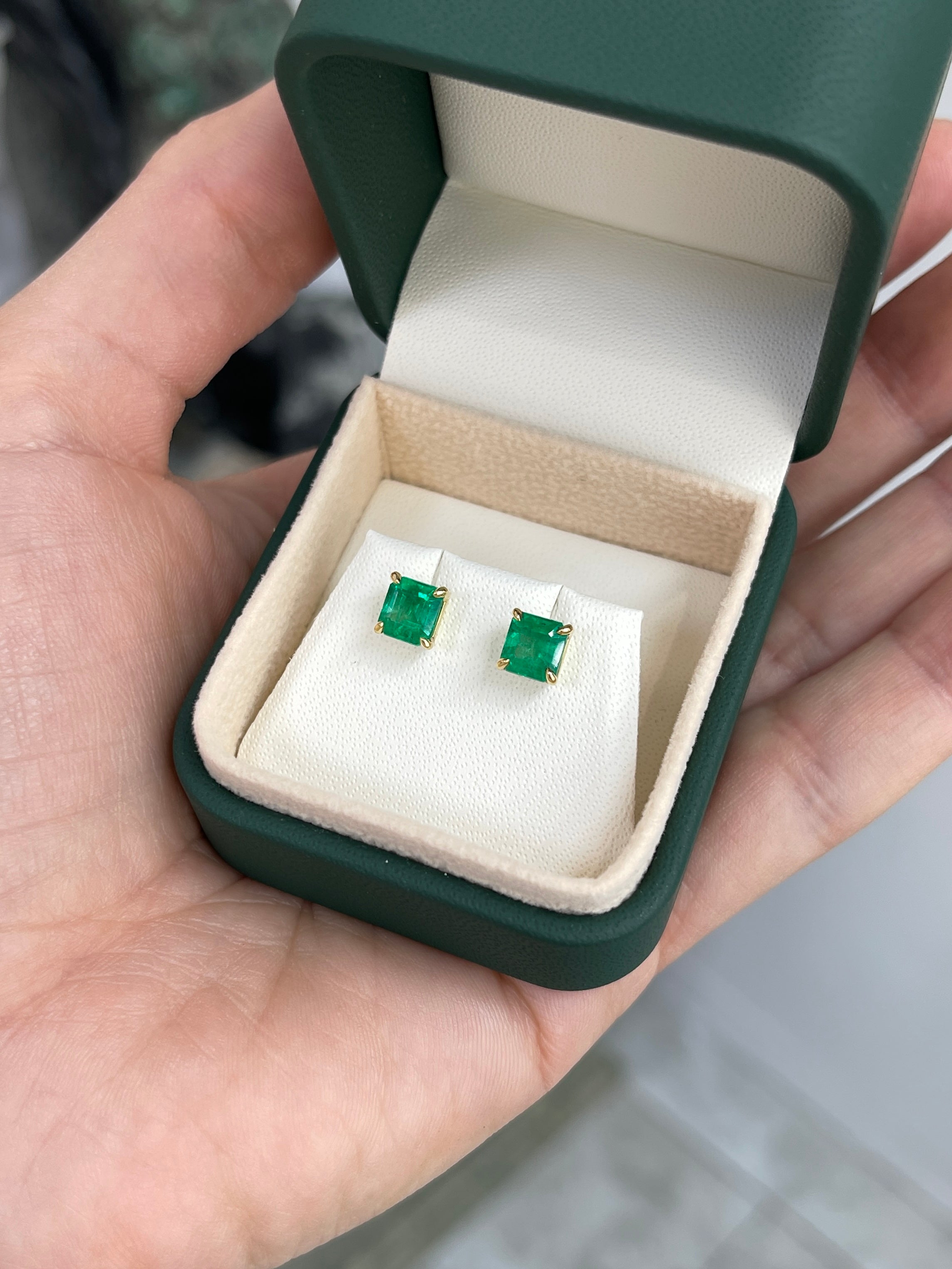 1.98 Carat Total Colombian Emerald Stud Earrings in 18K Gold-Vivid Green Natural Emeralds