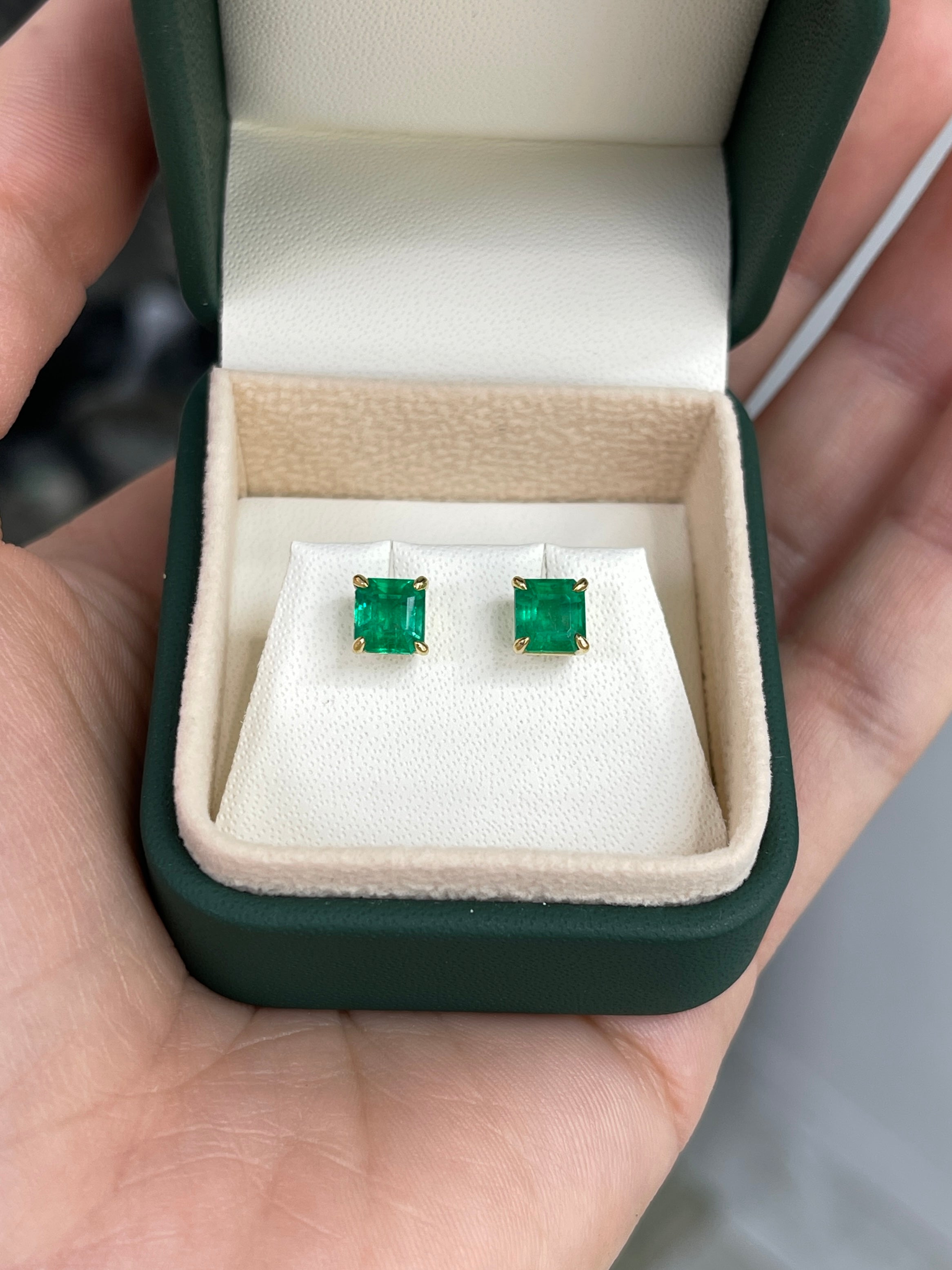 1.98 Carat Total Colombian Emerald Stud Earrings in 18K Gold-Vivid Green Natural Emeralds