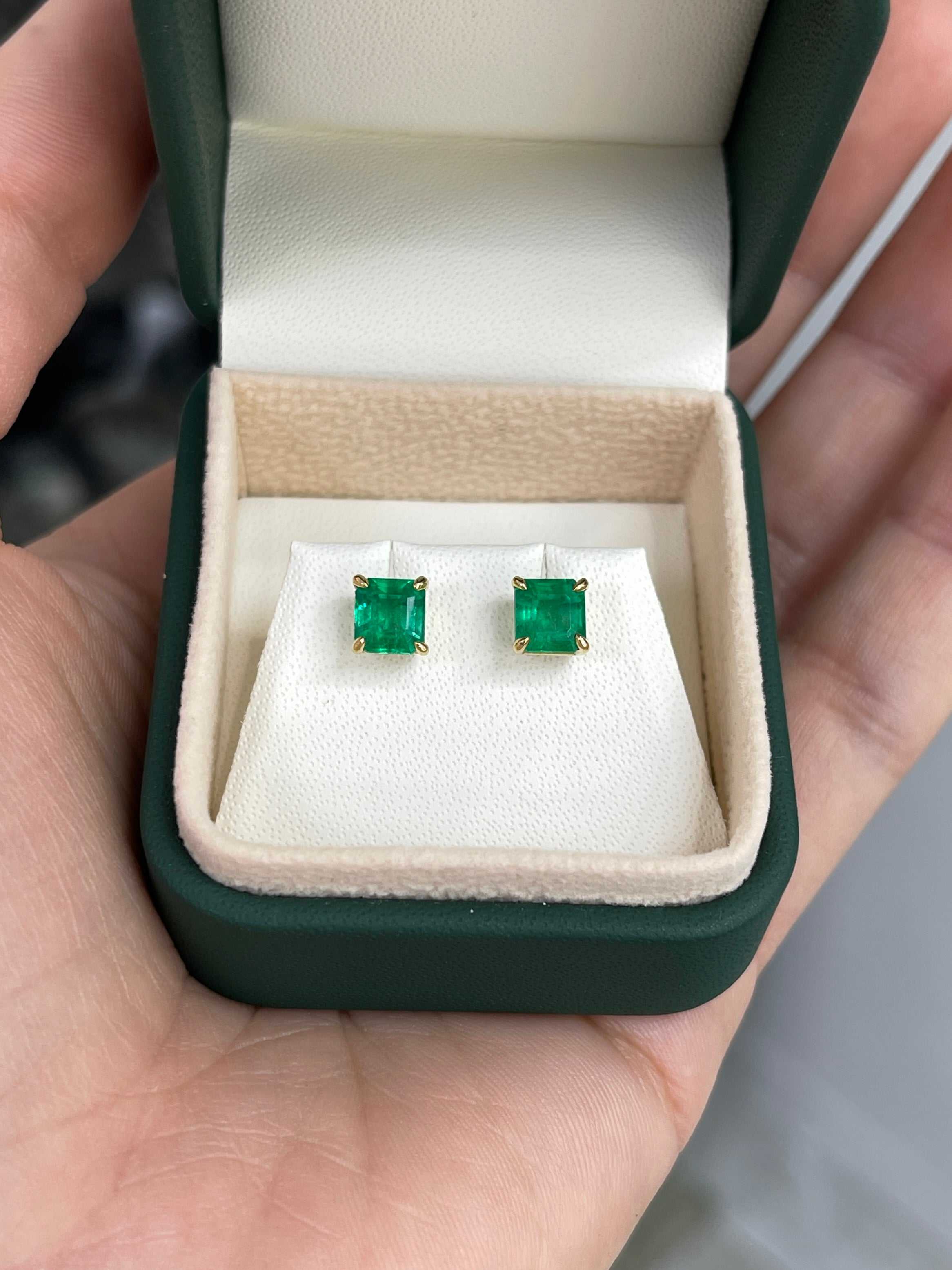 1.98 Carat Total Colombian Emerald Stud Earrings in 18K Gold-Vivid Green Natural Emeralds - JR Colombian Emeralds