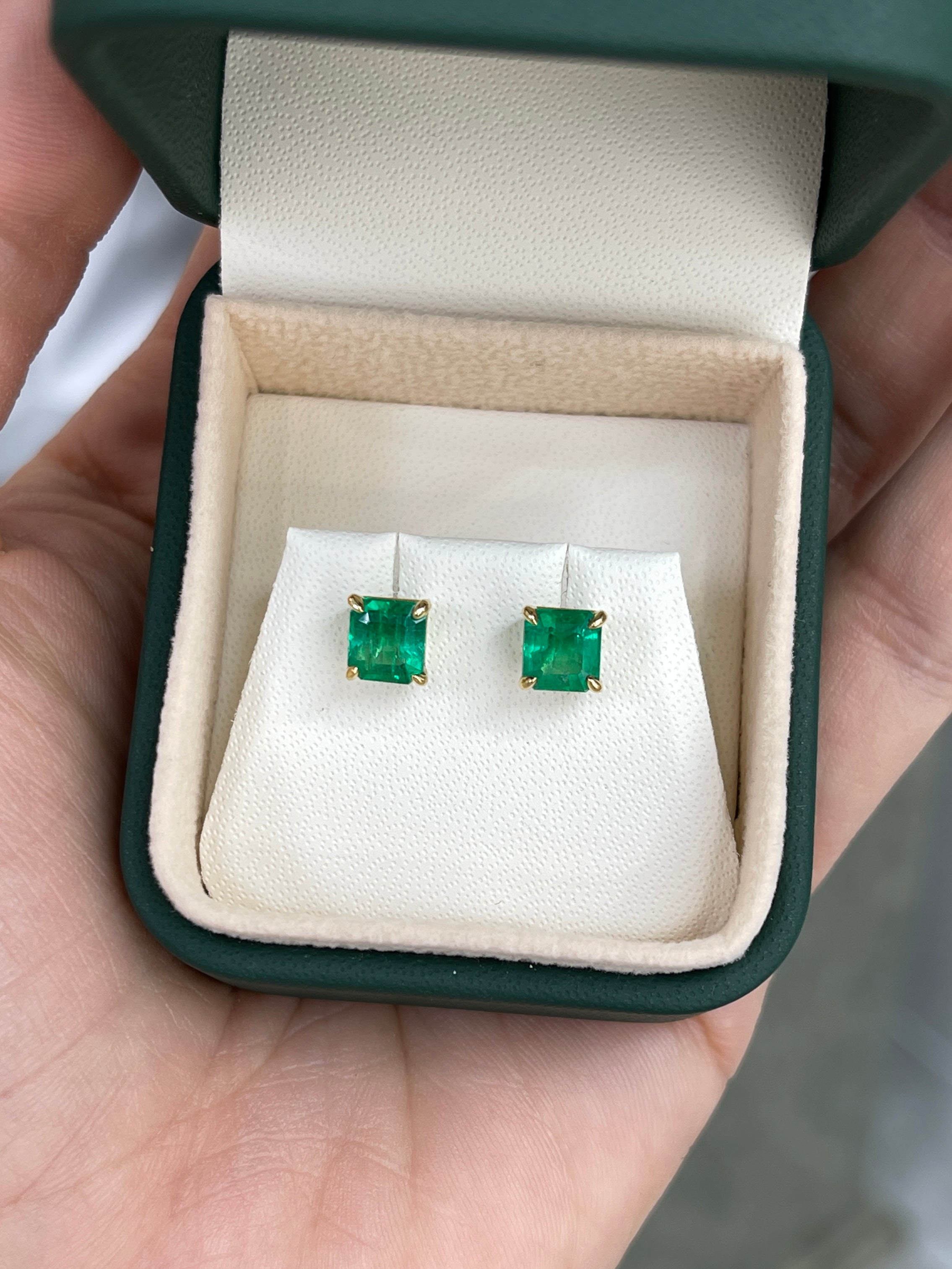1.98 Carat Total Colombian Emerald Stud Earrings in 18K Gold-Vivid Green Natural Emeralds