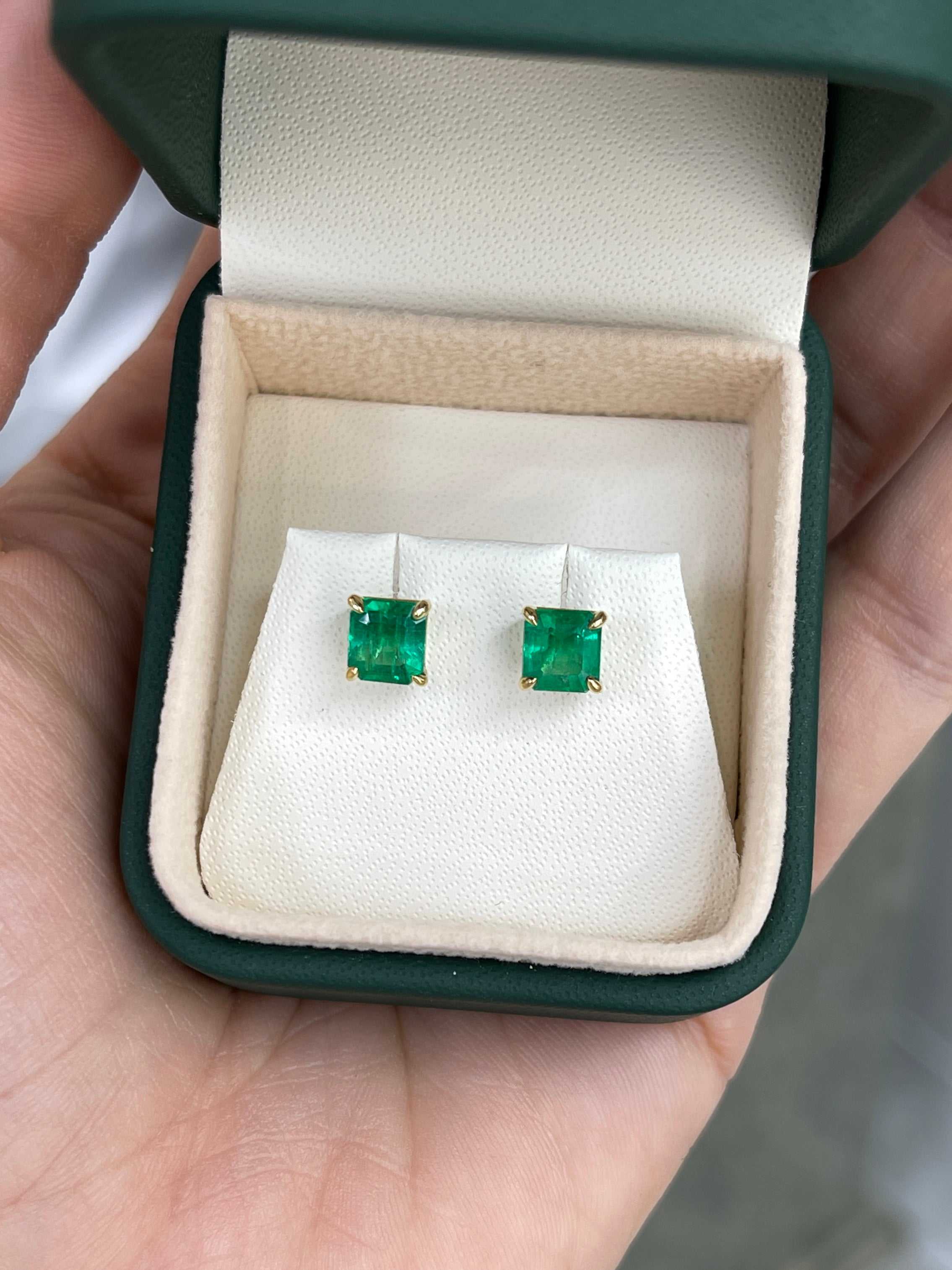 1.98 Carat Total Colombian Emerald Stud Earrings in 18K Gold-Vivid Green Natural Emeralds - JR Colombian Emeralds
