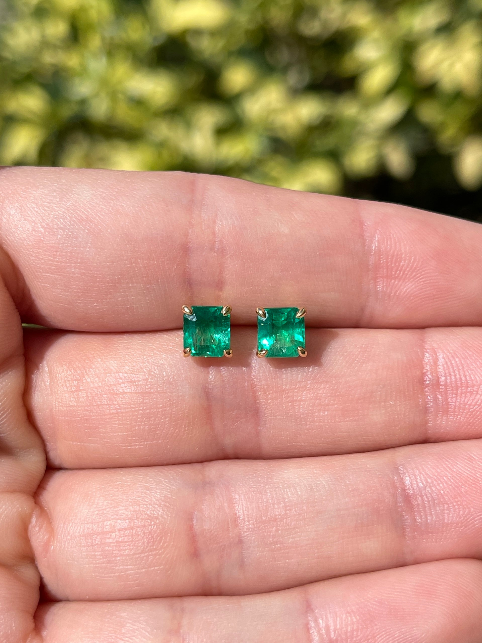1.98 Carat Total Colombian Emerald Stud Earrings in 18K Gold-Vivid Green Natural Emeralds
