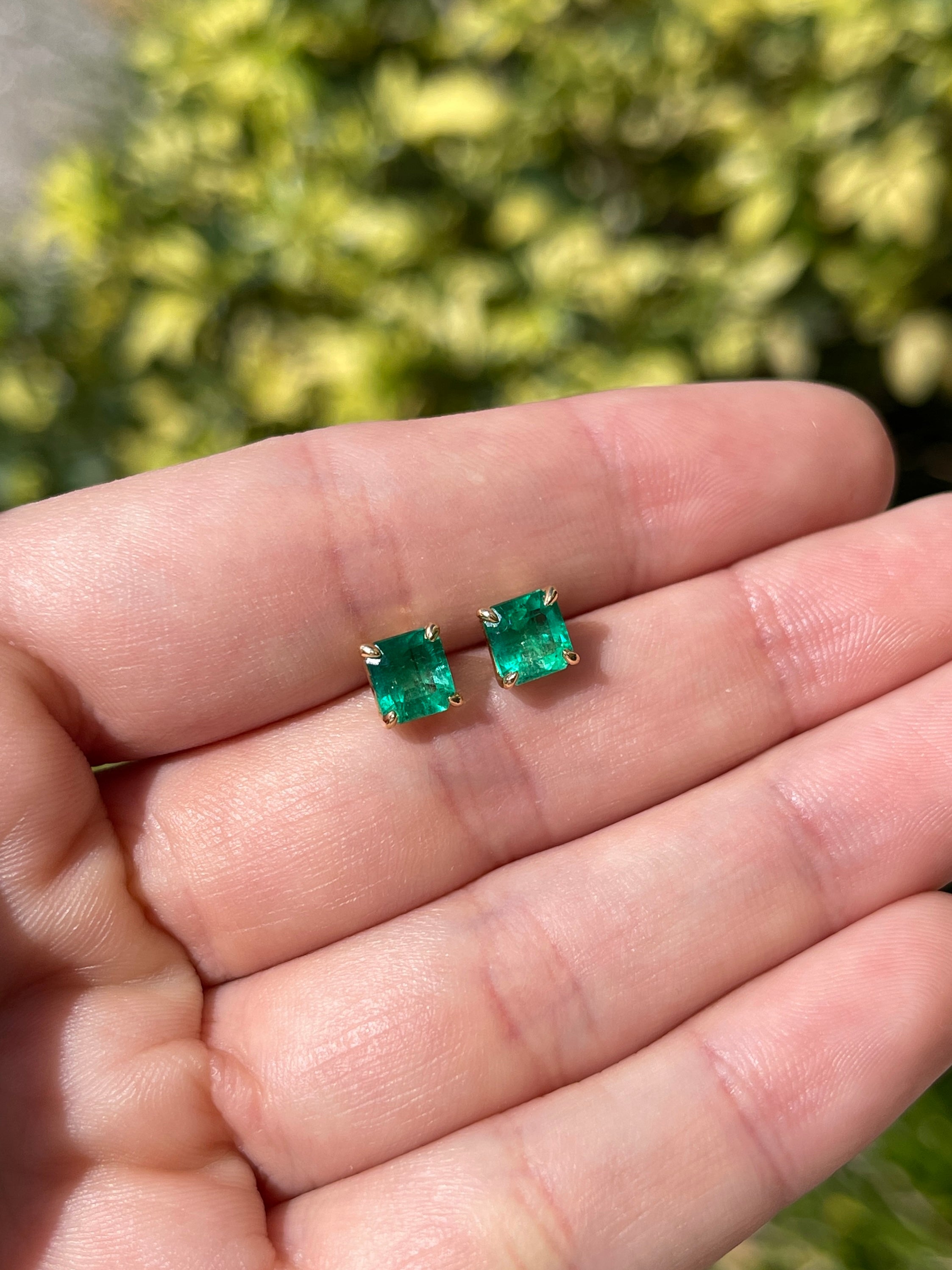 1.98 Carat Total Colombian Emerald Stud Earrings in 18K Gold-Vivid Green Natural Emeralds