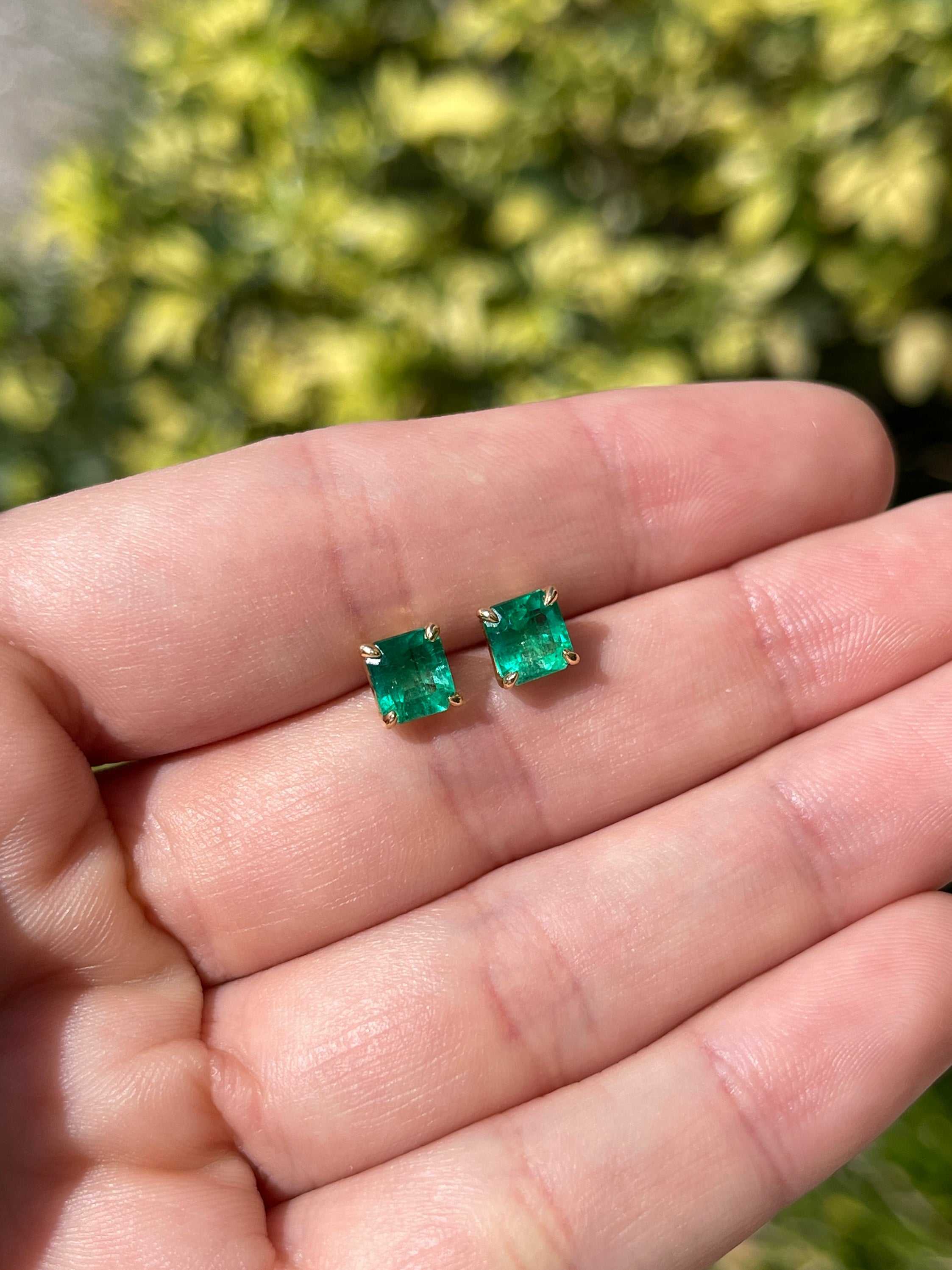 1.98 Carat Total Colombian Emerald Stud Earrings in 18K Gold-Vivid Green Natural Emeralds - JR Colombian Emeralds