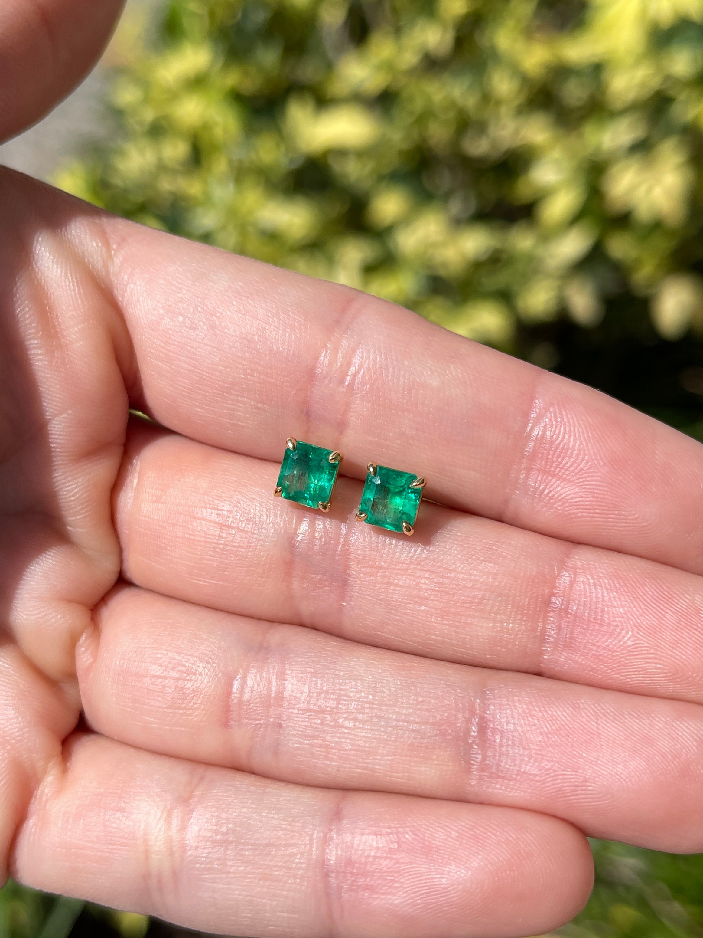 1.98 Carat Total Colombian Emerald Stud Earrings in 18K Gold-Vivid Green Natural Emeralds