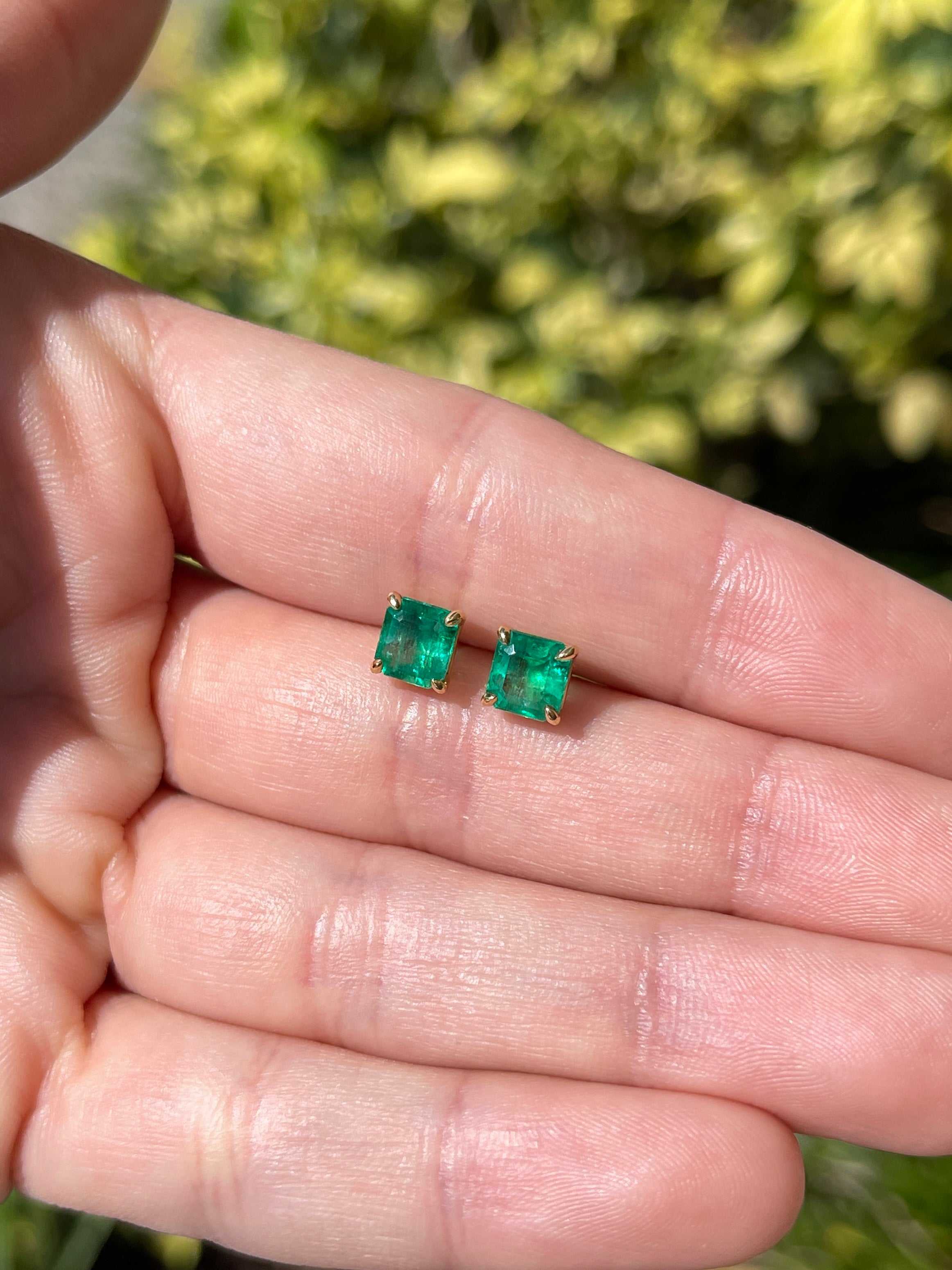 1.98 Carat Total Colombian Emerald Stud Earrings in 18K Gold-Vivid Green Natural Emeralds - JR Colombian Emeralds