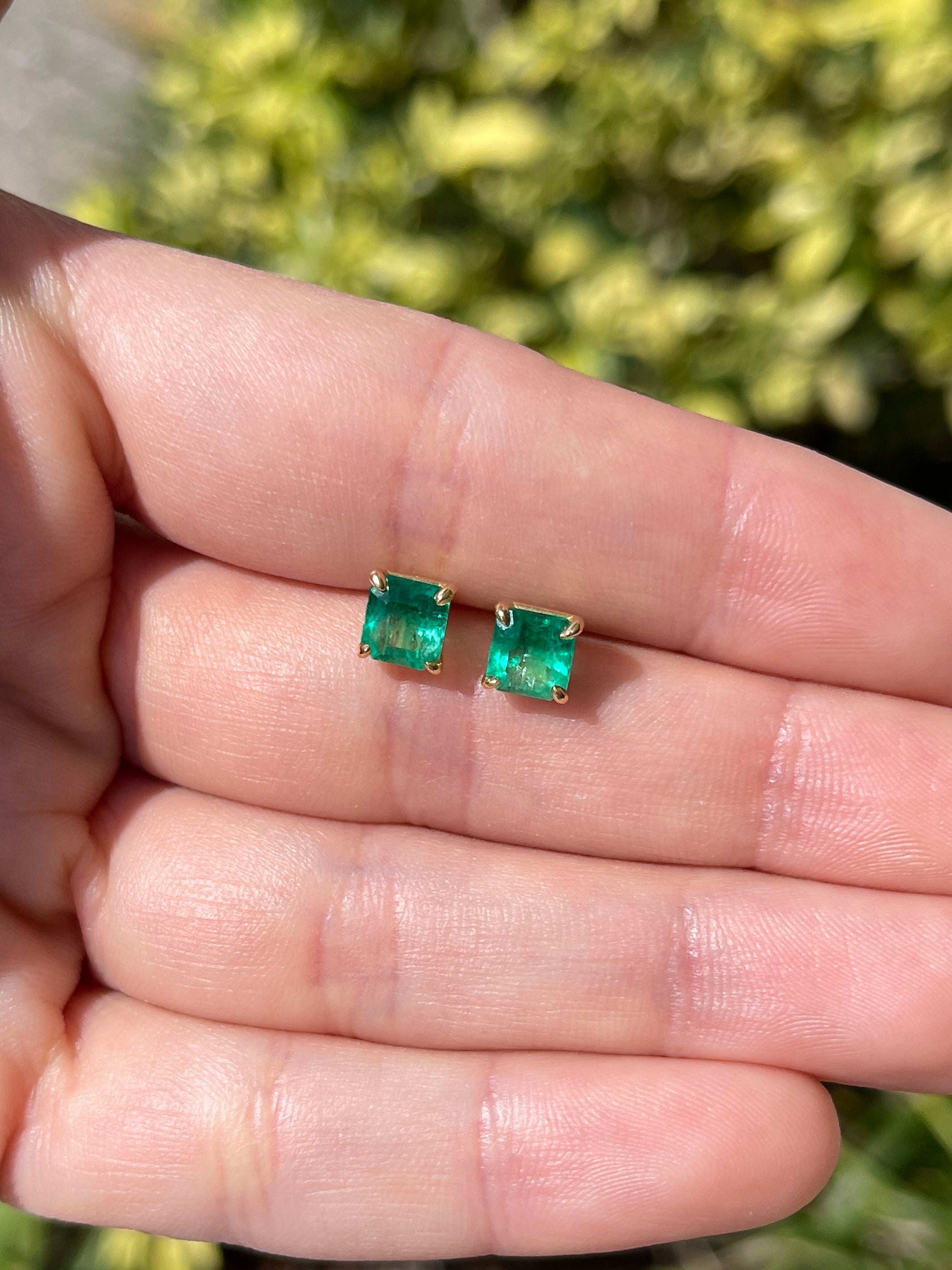 1.98 Carat Total Colombian Emerald Stud Earrings in 18K Gold-Vivid Green Natural Emeralds