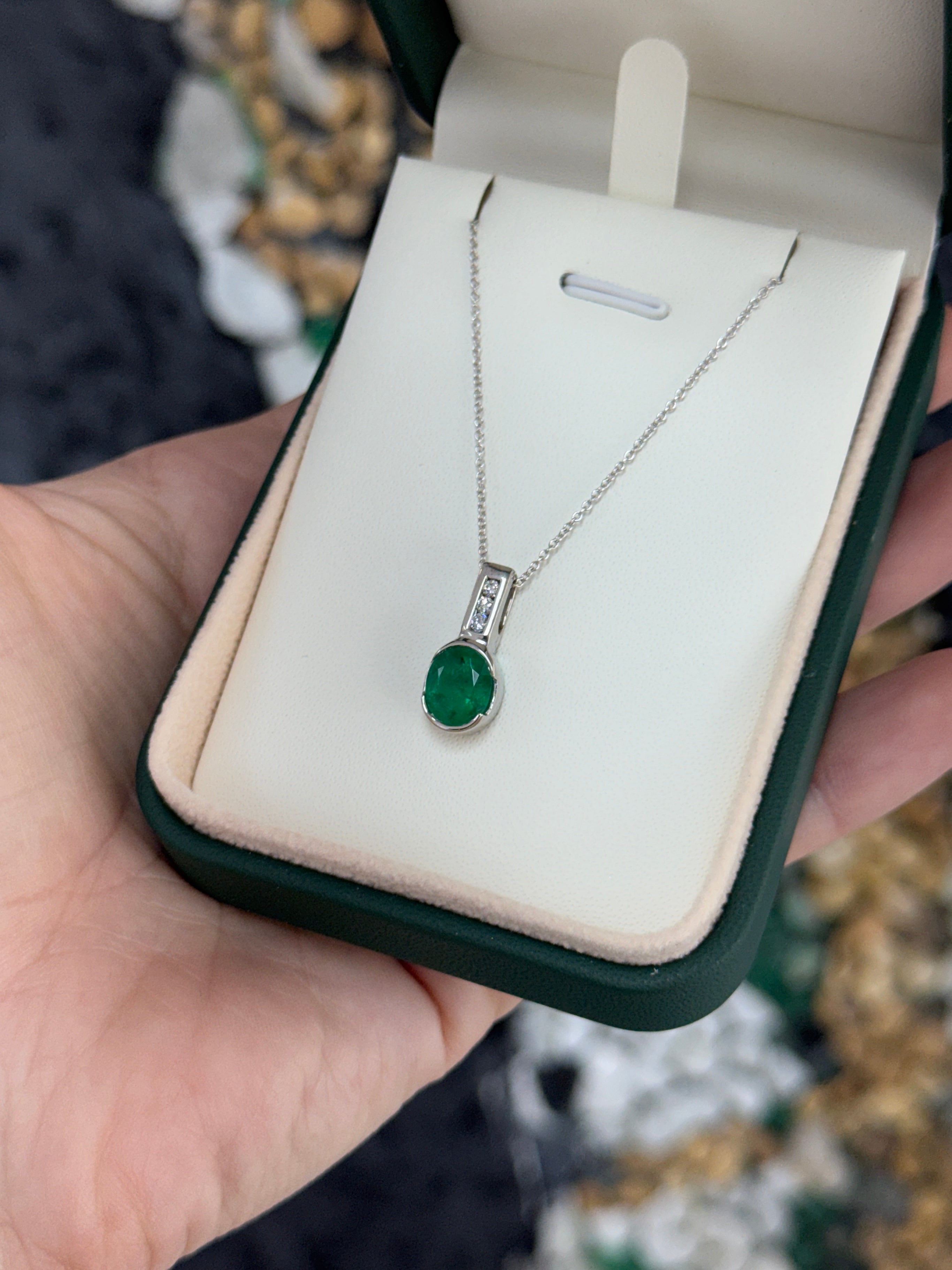 2.25tcw 14K Rich Oval Cut Emerald Half Bezel Set & Diamond Bale Accents